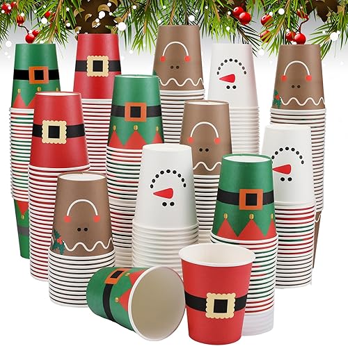 160 vasos de papel de Navidad desechables para fiestas de Navidad, 9 onzas, Papá Noel, elfo, muñeco de nieve, tazas de Navidad, tazas de papel para