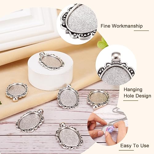 Miniatura 4 de KISSITTY 10 piezas de plata antigua colgante cabujón ajustes 0.984x0.709 in tibetano ovalado blanco camafeo bisel bandeja encantos