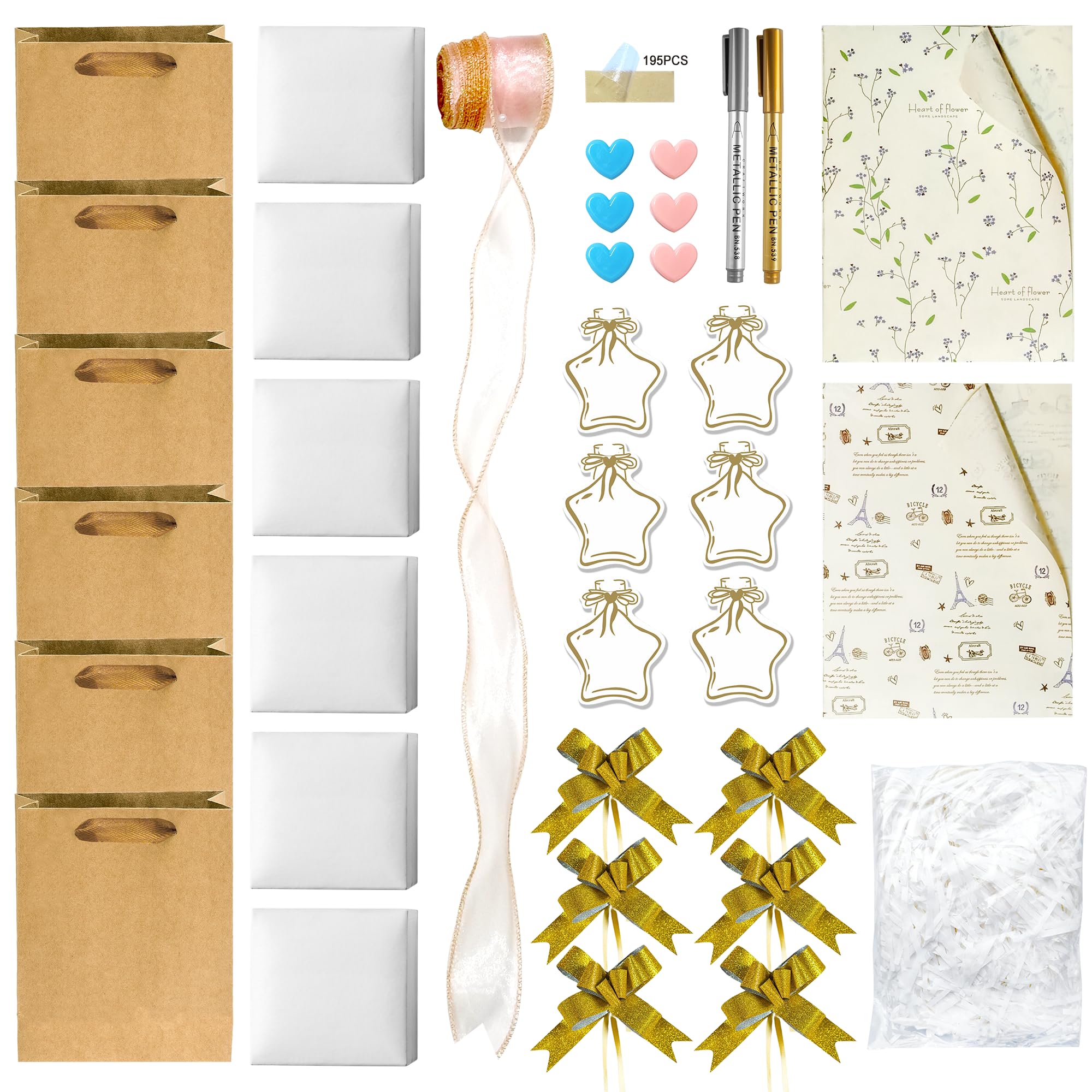 SOHOMEG DIY Gift 6-Set Packaging kit-Includes:Kraft Paper Bag,Metal Pen,Wrapping Paper,Box,tag,Pull Bow,Ribbon,Tape,Clip,Shredded Paper.Perfect for