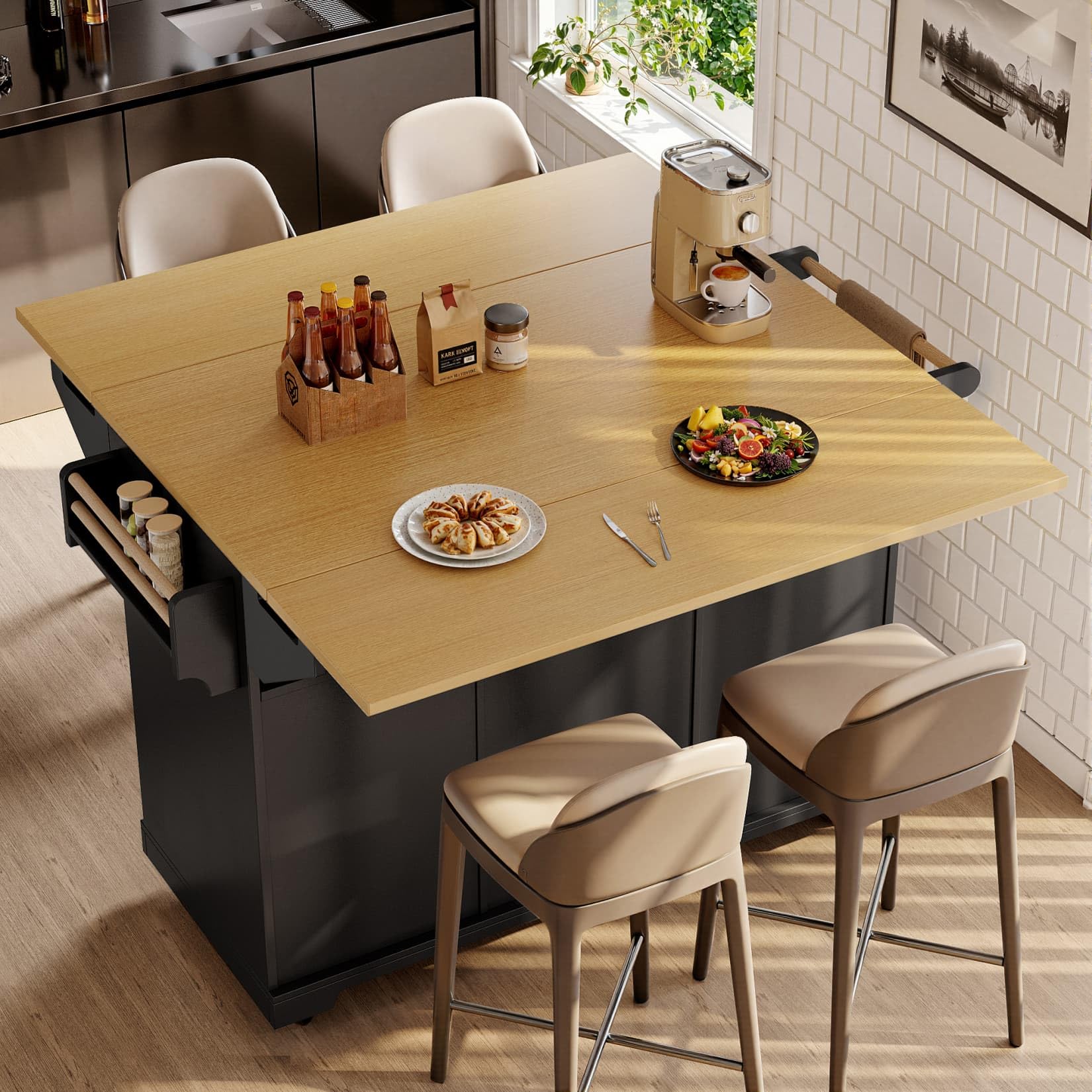 Desserte ilôt de Cuisine avec roulettes,Buffet Cuisine de Rangement avec Plateau de Table Pliable,Chariot de Repas,Buffet Mobile,3 Tiroirs et 2 Portes,142.5x40-80x95cm (Noir-E)