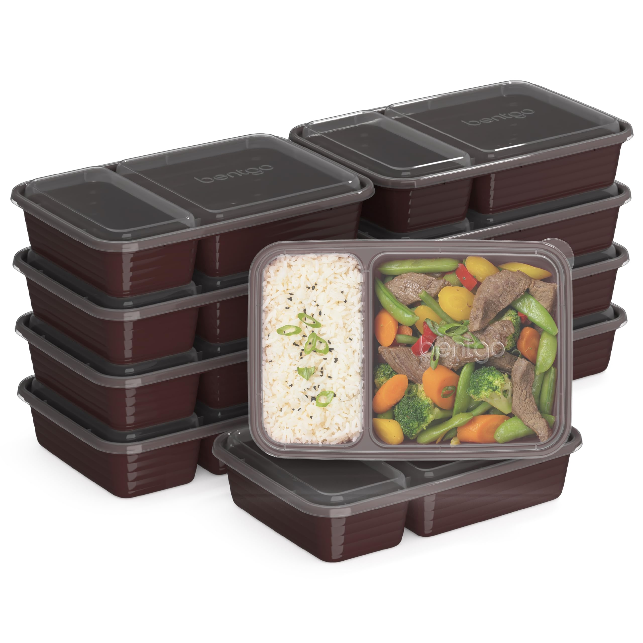 Bentgo Prep - 20-Piece 2-Compartment Reusable Meal Prep Containers with Lids, PFAS & BPA Free Materials, Durable, Microwave, Freezer, & Dishwasher Safe To Go Food Storage (Burgundy)