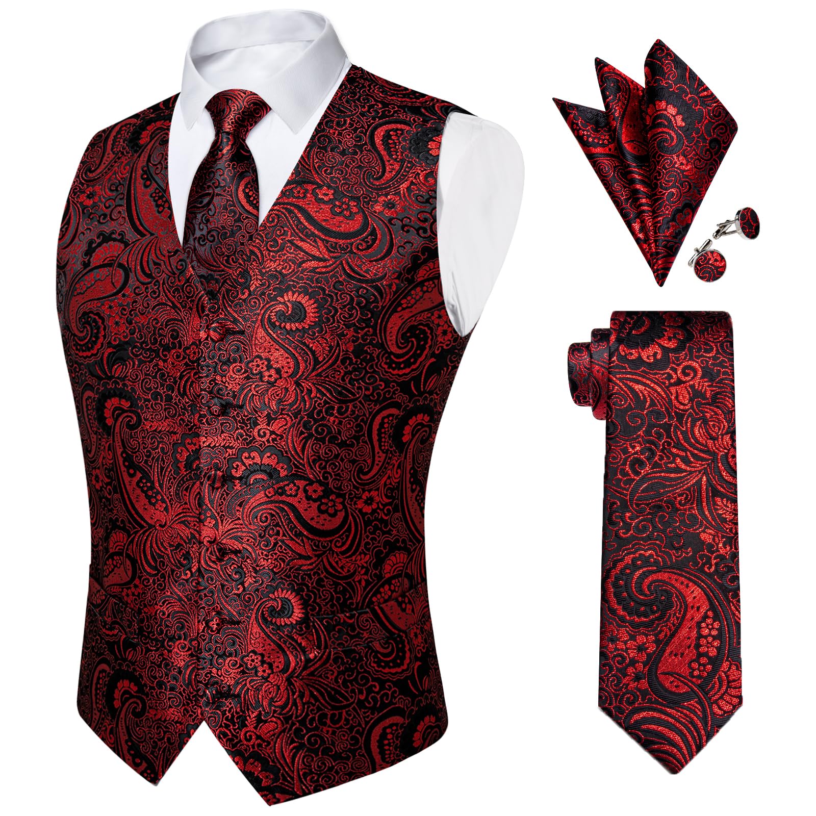 Mens Wedding Paisley Suit Vest, Waistcoat Necktie and Pocket Square Cufflinks Big and Tall-image-42