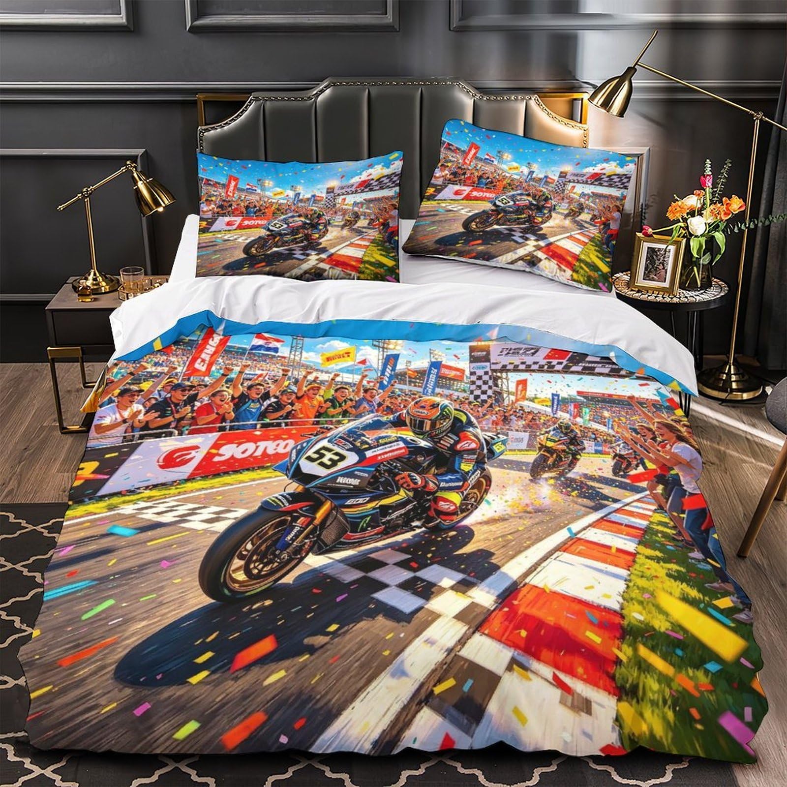 DAFUfbw Single（140x200cm） Championship Moment Bedding Set, Washable With Hidden Zipper Duvet Cover Motorcycle Race Quilt Cover Soft Microfiber, Motorcycle Race Bed Linen Set