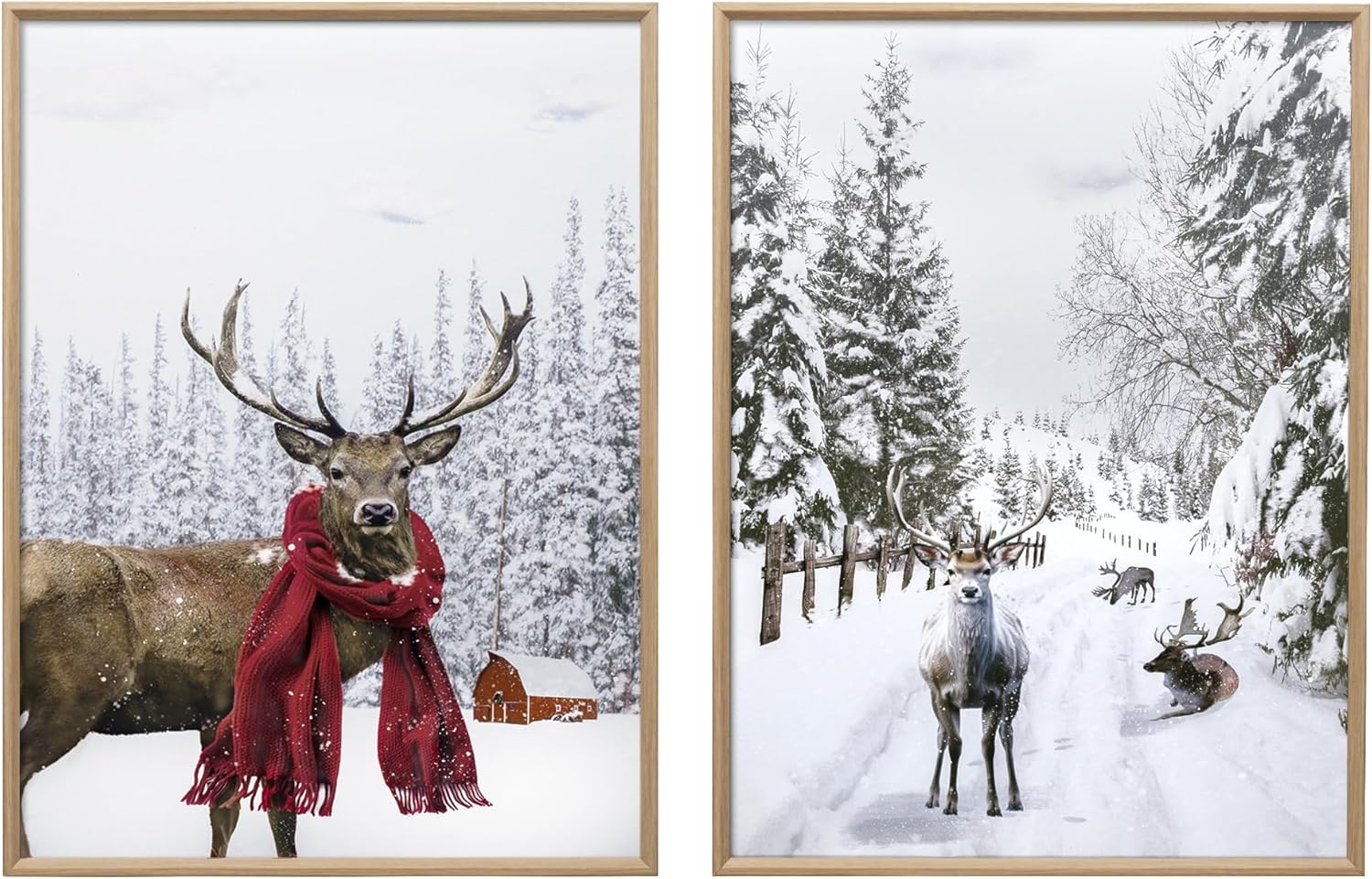 ArtbyHannah Framed Christmas Canvas Wall Art Decor Set of 2, Xmas Pictures Prints Paintings for Living Room Bedroom, Winter Snowy Holiday Home Indoor Decorations with Reindeer and Tree (12x16 Inch)