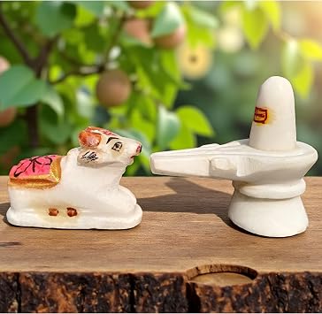 Marble Shivling with Nandi 2 Inch Shivling & 1.75 Inch Nandi, 70 Gram | Handcrafted Printed Marble Shiva Lingam with Nandi Bull Idol for Puja, Home Temple, Meditation & Spiritual Decor
