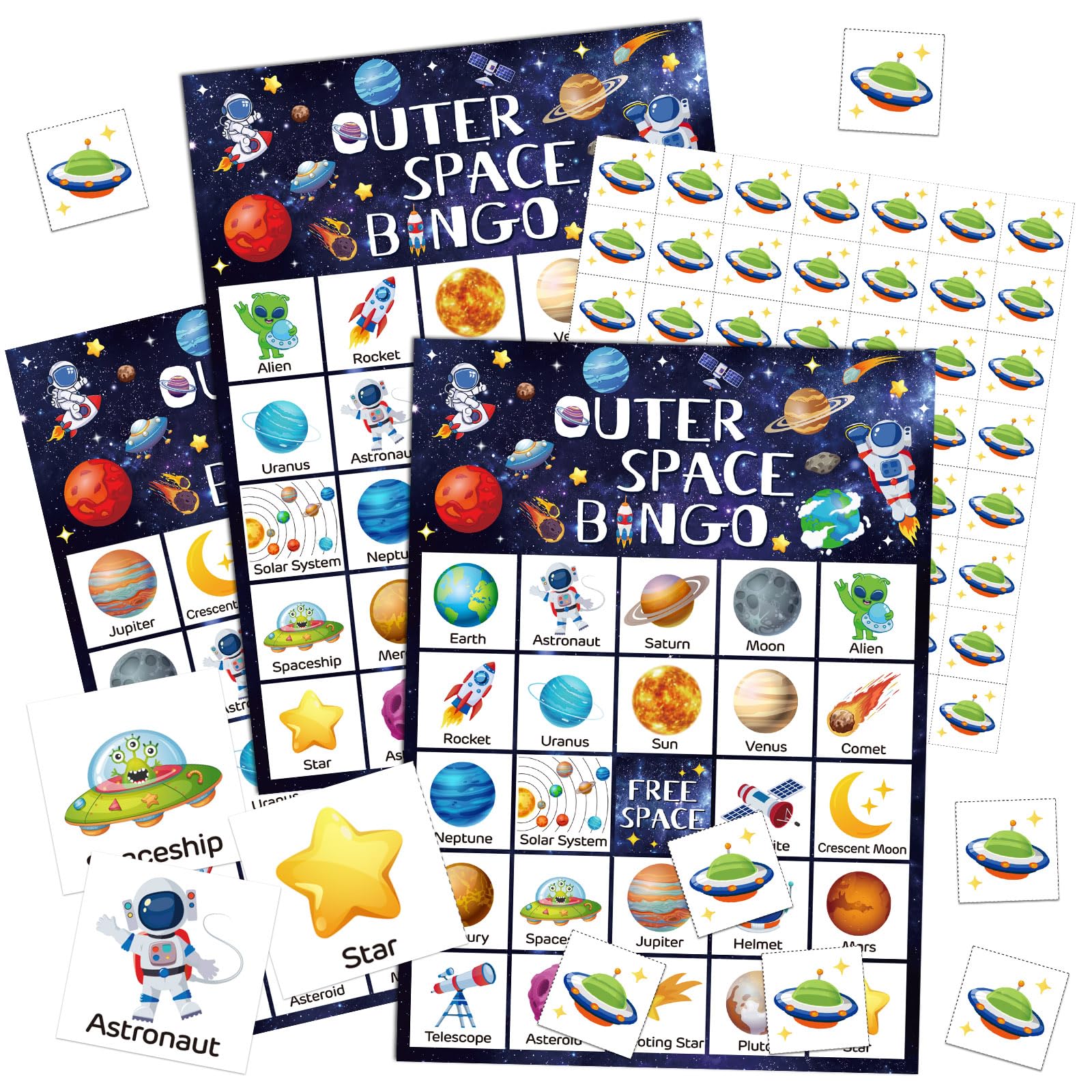 Shappy 35 Pcs Outer Space Party Bingo Cards 24 Players Outer Space Birthday Party Games Bingo Games for Adults Family Activities Birthday Wedding