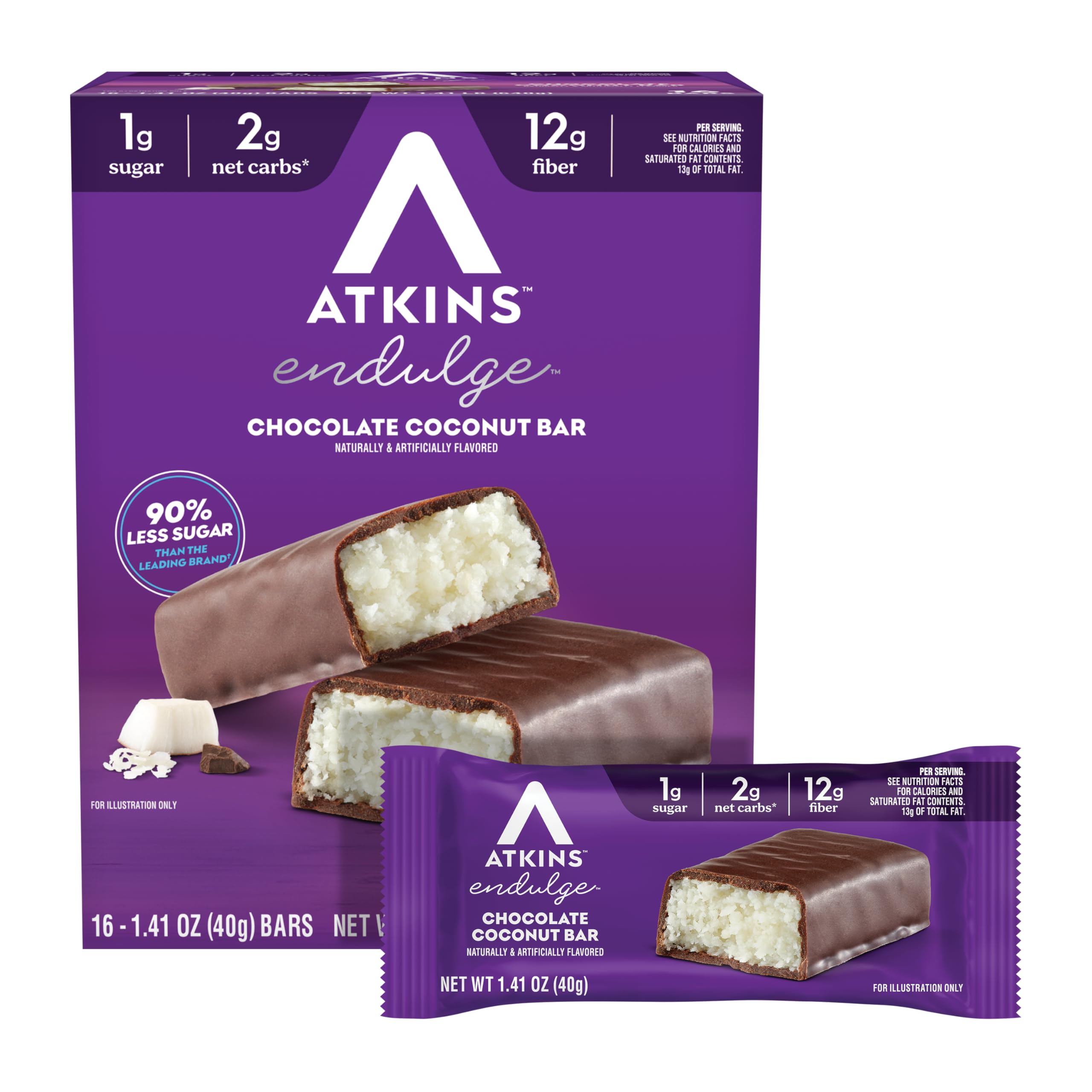 Atkins Endulge Chocolate Coconut Flavored Bar, Low Sugar Treat, High in Fiber, 16 Count