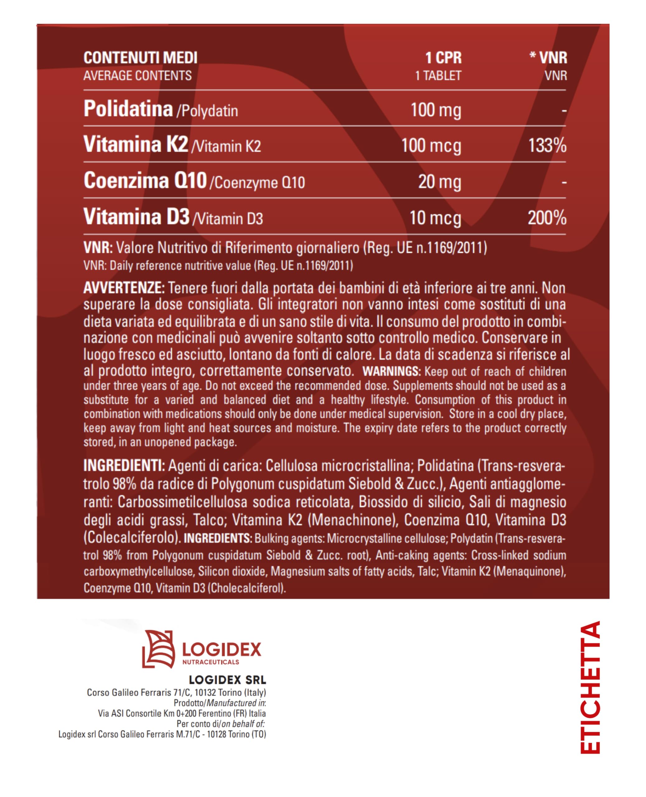 Loxicor K2 - Integratore Vitamina K con Polidatina Antiossidante (100mg), Vitamina D3 e Coenzima Q10 | Formula Avanzata per Cuore e Circolazione | 30 Compresse - Logidex