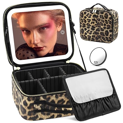 Jadazror Makeup Bag with Light Up Mirror, Lighted Travel Makeup Organizer 3 Colors Adjustable Brightness, Makeup Bag with Mirror and Light, Travel Train Case Portable Cosmetic Bag for Women(Leopard) - Leopard - Integrated