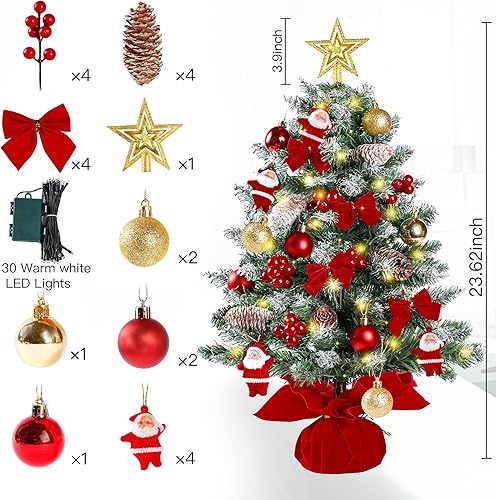 Miniatura 6 de Sggvecsy Mini árbol de Navidad esmerilado de nieve de 23.6 pulgadas, parte superior iluminada, árbol de Navidad artificial, estrella de árbol, piña,