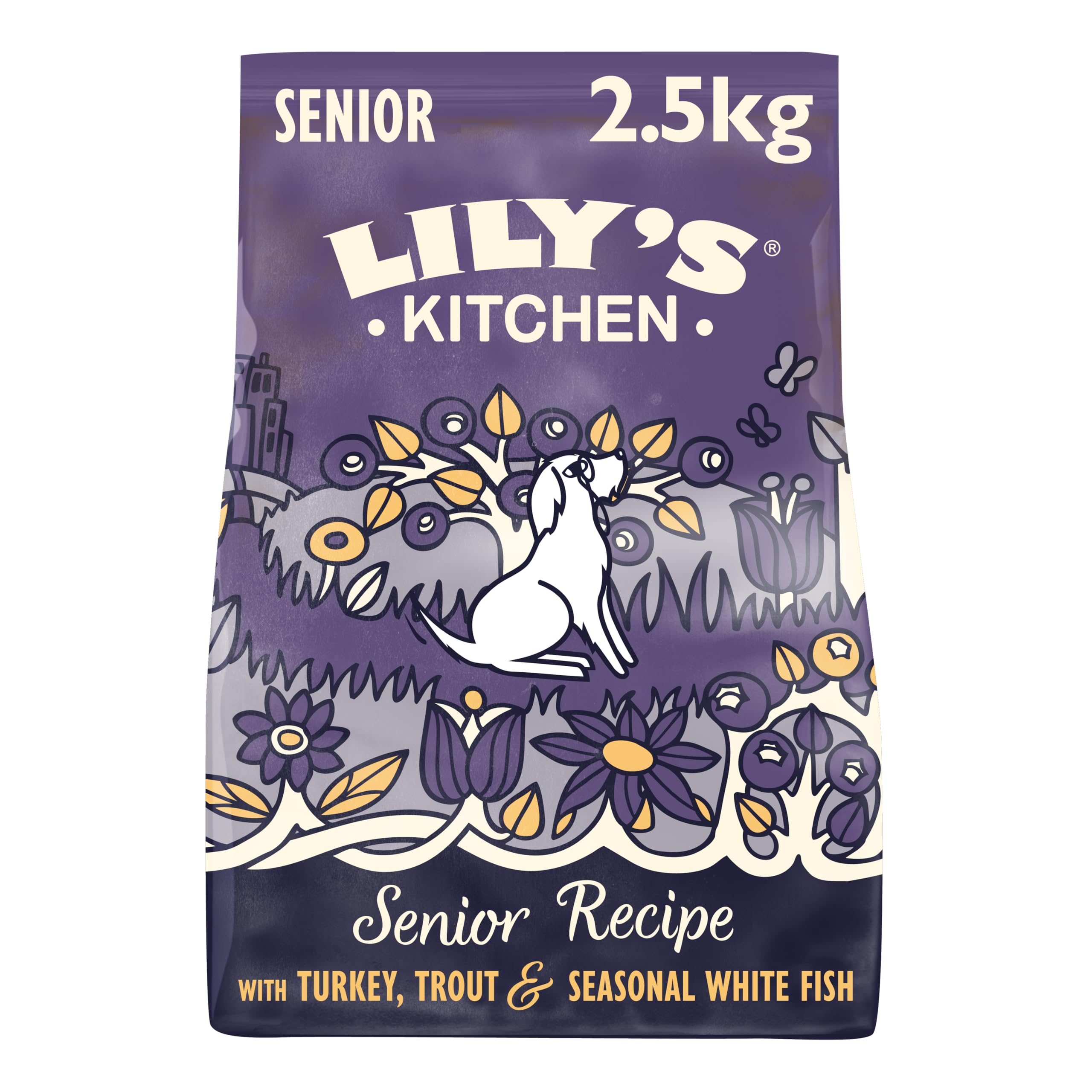 Lily's Kitchen Senior Recipe Pavo, trucha y de temporada - Alimento seco completo para perros sin cereales natural (2,5 kg)