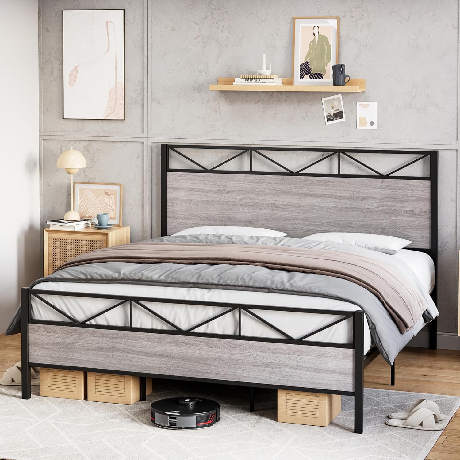 Senfot Full Size Bed Frame with Rustic Wood Headboard and Footboard, Metal Platform Bed Frame Full Heavy Duty, Sturdy Steel Slat Support, No Box Spring Needed, Grey