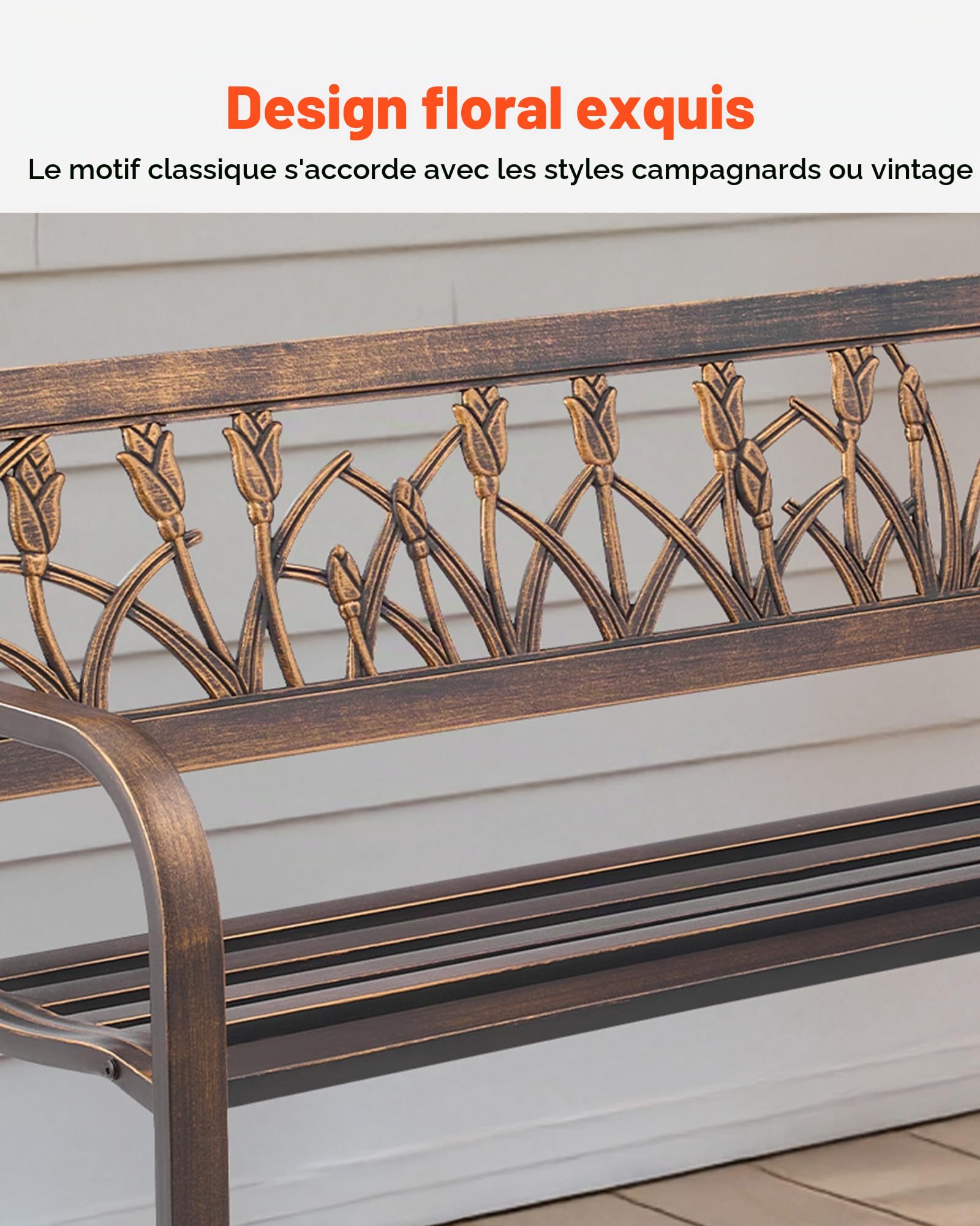 VEVOR Banc de jardin, 127 cm, banquette extérieur en acier carbone avec dossier en PVC à motif floral et accoudoirs à bords arrondis, banc résistant aux intempéries pour terrasse, parc, bronze antique