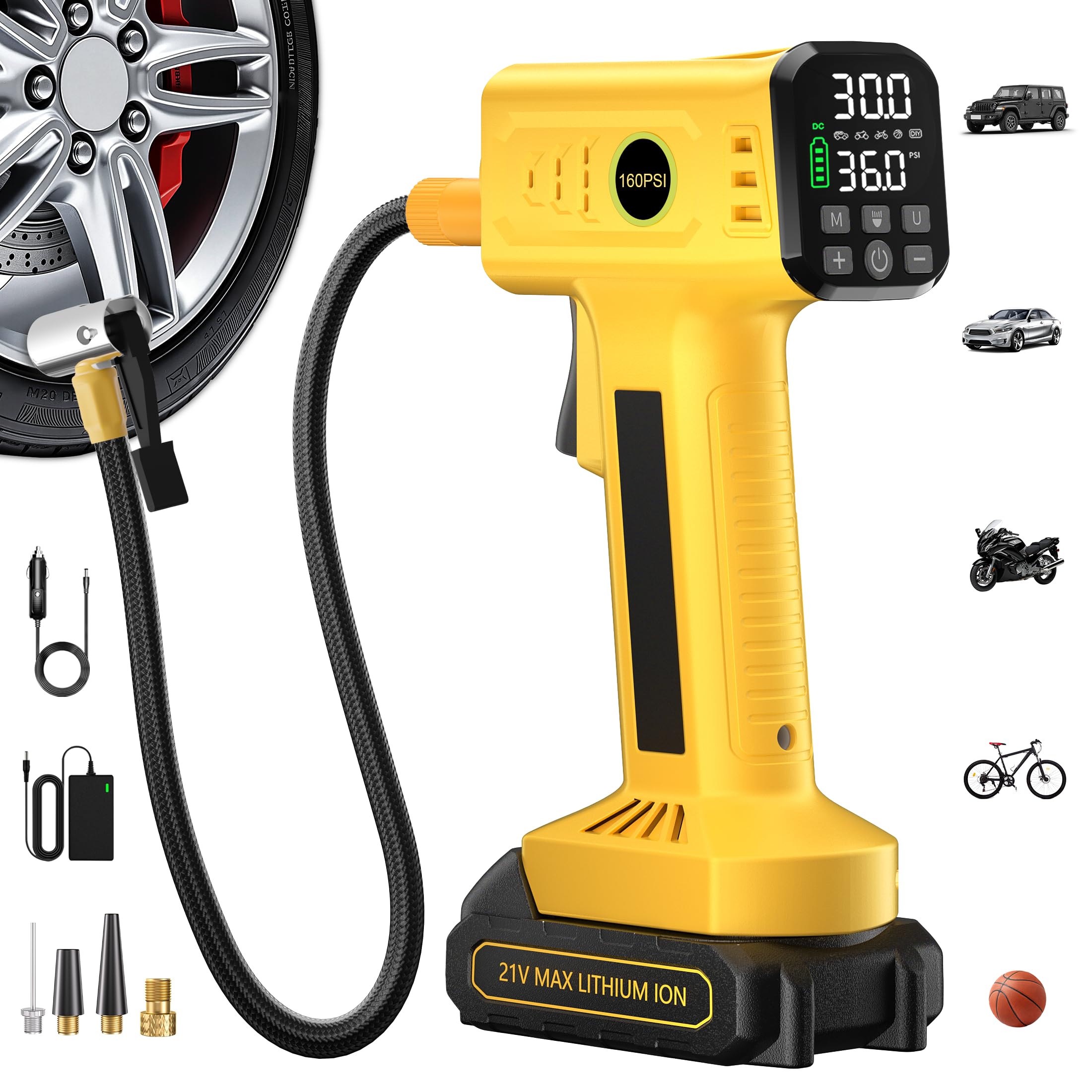 Tire Inflator Portable Air Compressor, Fast Inflation, 160 PSI Cordless Tire Inflator with 21V Rechargeable Battery & 12V Car Power Adapter, Air Pump for Car Tires, SUV, Motorcycle, Bike, Ball