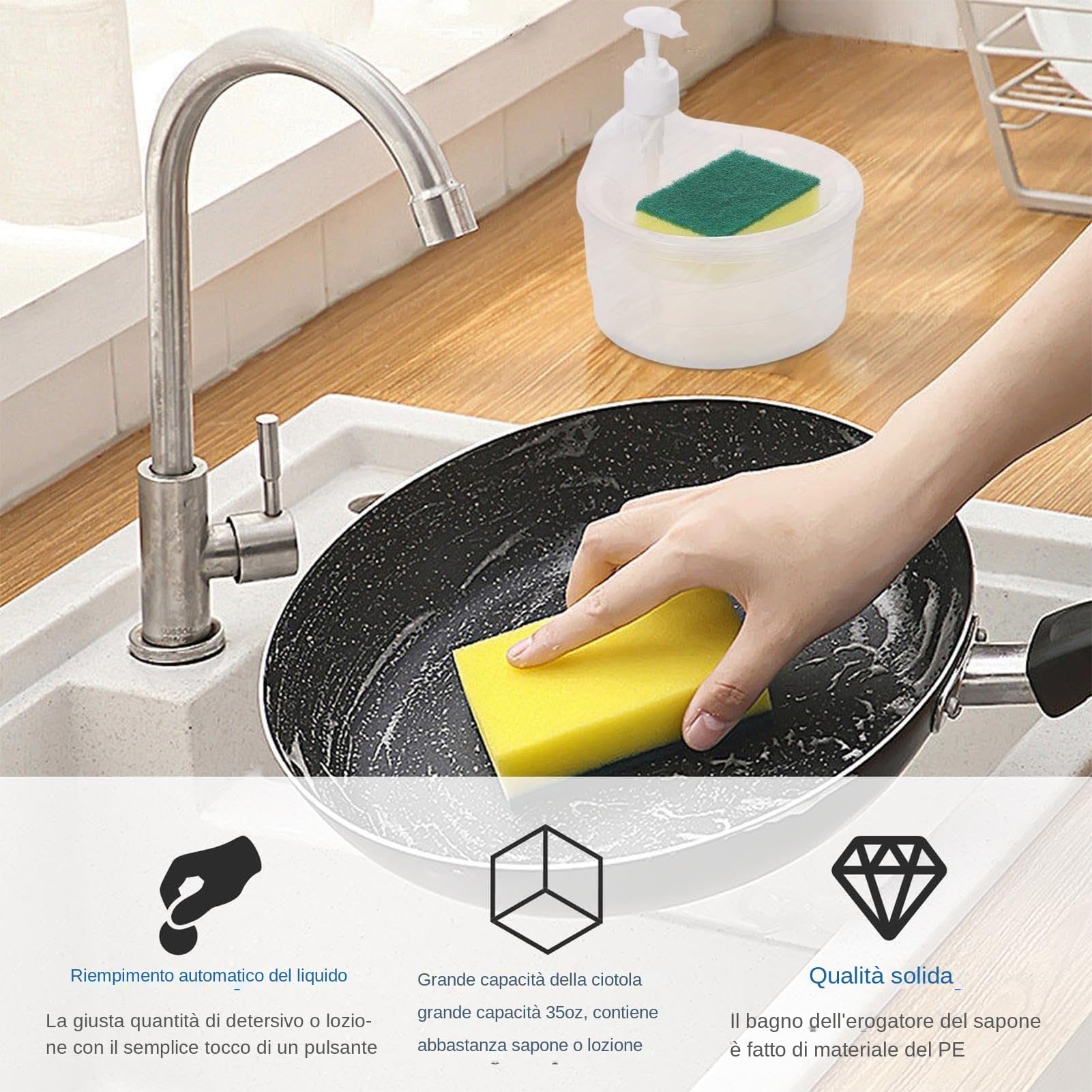 2-in-1 Dishwashing Dispenser with Sponge, Liquid Pump Bottle and Holder, Compact Sturdy Space-Saving Kitchen Sink Accessory for Cleaning Plates, Bowls, Glasses, and Utensils
