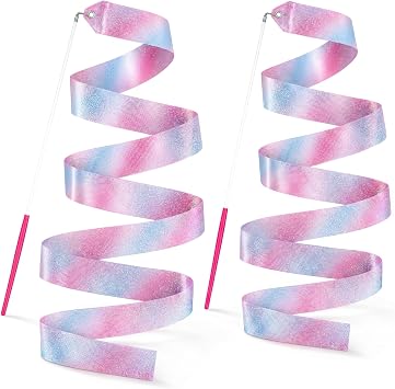 YGEOMER 2Pcs Dance Ribbons for Kids, Sparkling Pink & Blue Gymnastics Ribbon Wands, Ballet Party Favors for Girls, Birthday Performance Props