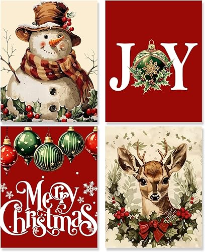 WDSFHYJK Juego de 4 decoración de pared con diseño de muñeco de nieve rojo vintage, diseño de reno y muñeco de nieve, decoración de Navidad, póster
