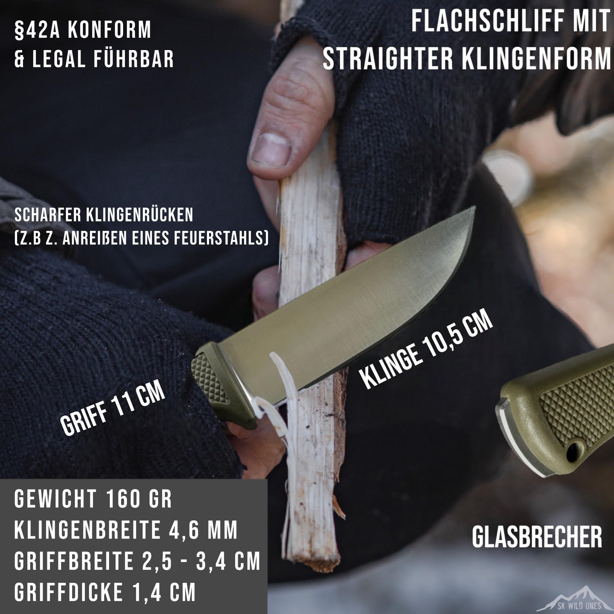 SK Wild Ones® Outdoor-Messer – feststehendes Werkzeug mit Echtleder- & Kydex-Dangler – EDC-Messer – aus 440C Edelstahl – Grün – Bragi