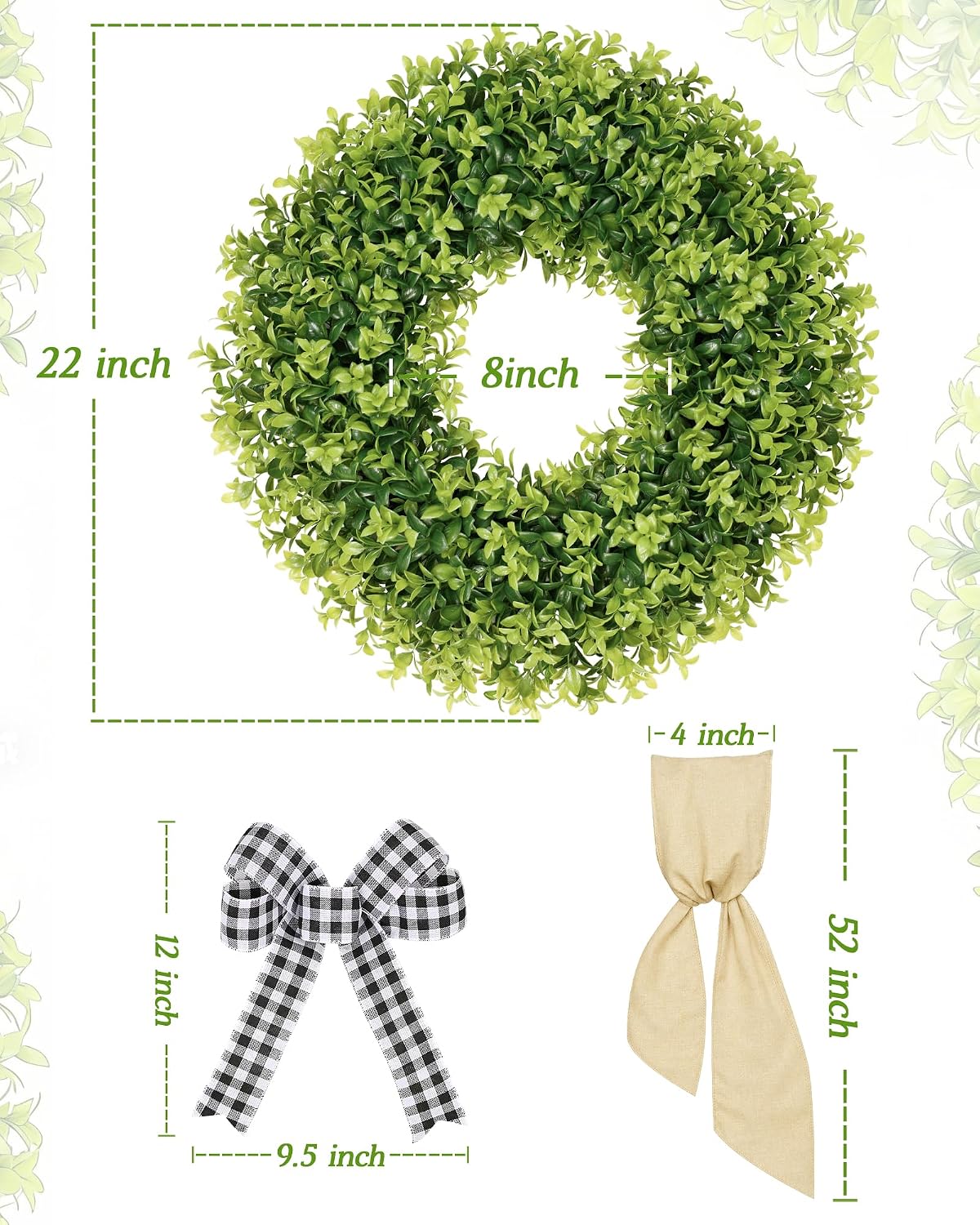 Vlorart 22 Inch Boxwood Wreaths for Front Door, UV-Resistant Green Decor | 22" handmade boxwood wreath, S+ plastic leaves, grapevine base, UV-protected year-round decor, includes linen sash & bow