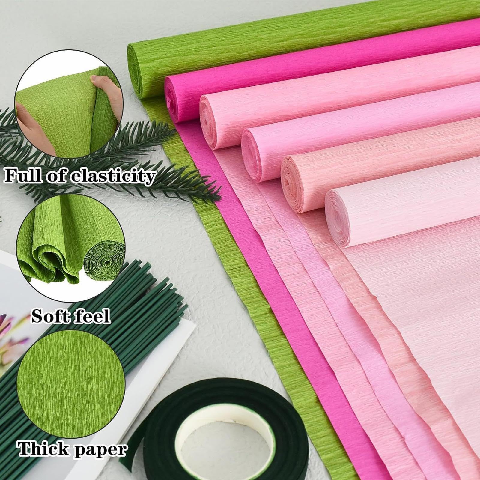 Lot de 6 rouleaux de papier crépon avec 50 tiges métalliques pour décorations de fête, bouquets de mariage, arches de remise de diplôme, toiles de fond photo