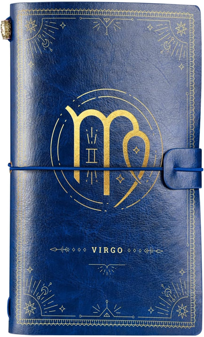 InnoBetaVirgo Gifts Zodiac Signs Symbols, Leather Journal Notebook, for Men, Women, Birthday, Refillable Sketchbook, Travel Diary, Lined Planner, 7x5 Inches, Blue-2