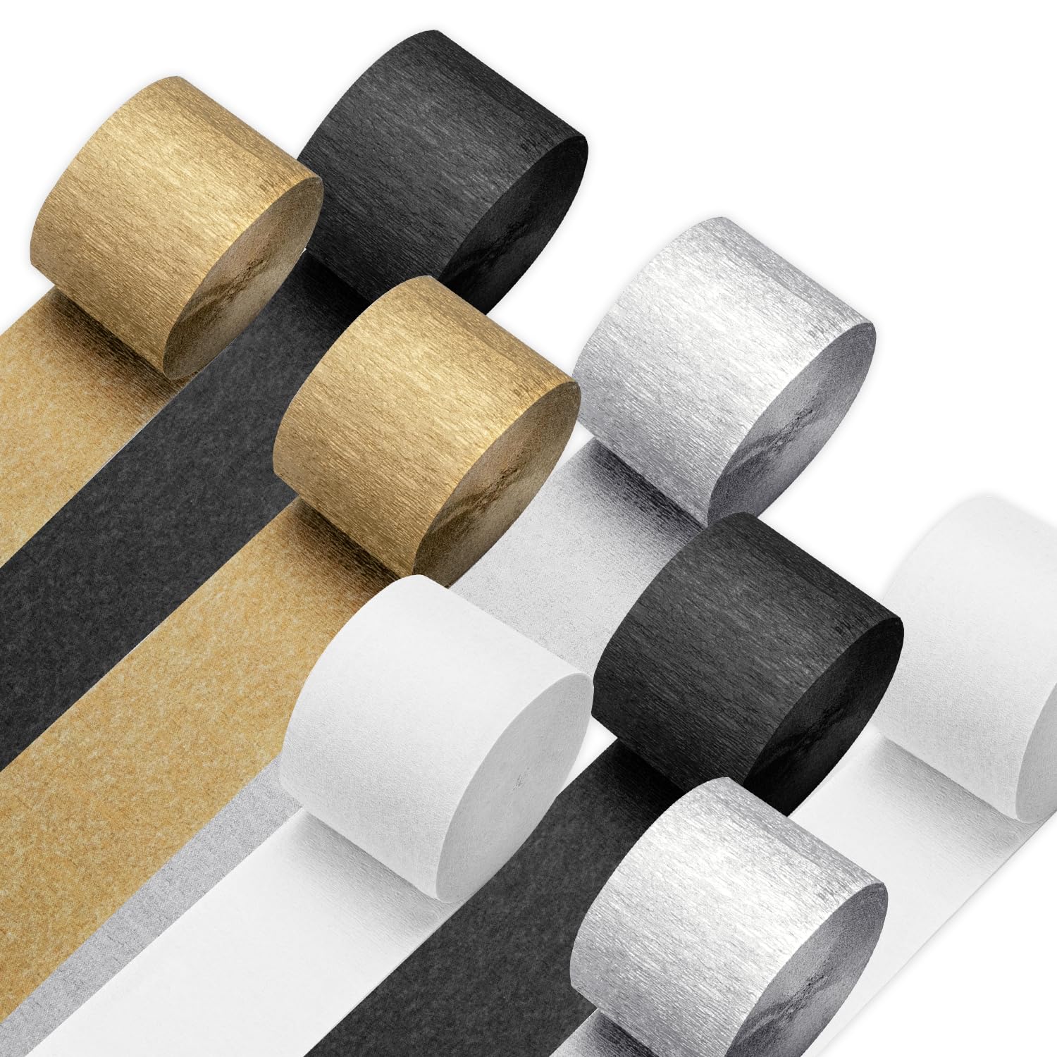 PIGETALE Crepe Paper Streamers 8 Rolls 656ft, Pack of Silver, Black, White and Gold Party Streamers for Christmas Birthday Wedding Baby Shower