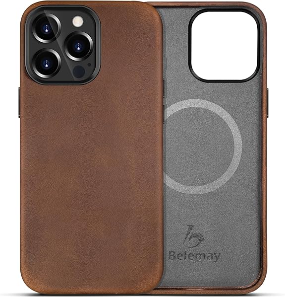 Belemay Compatible with iPhone 14 Pro Leather Case Magsafe - Top Grain Vintage Crazy Horse Leather - Metal Buttons & Camera Bezel Bump - Slim Fit & Soft - Premium Phone Cover (6.1-inch) Retro Brown