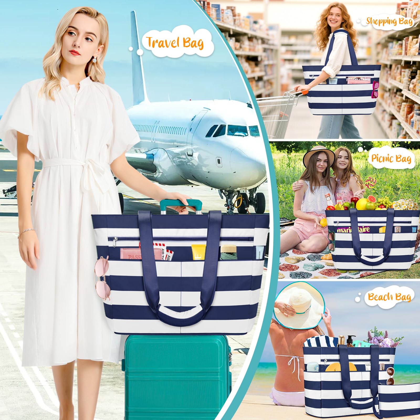 Sac de Plage Femme Imperméable, Grand Sacs Plage XXL avec Fermeture Éclair, Ete Sac de Voyage, Anti Sable Sacs de Piscine, Sac Cabas Tote Bag pour Travail Voyages Shopping 55L