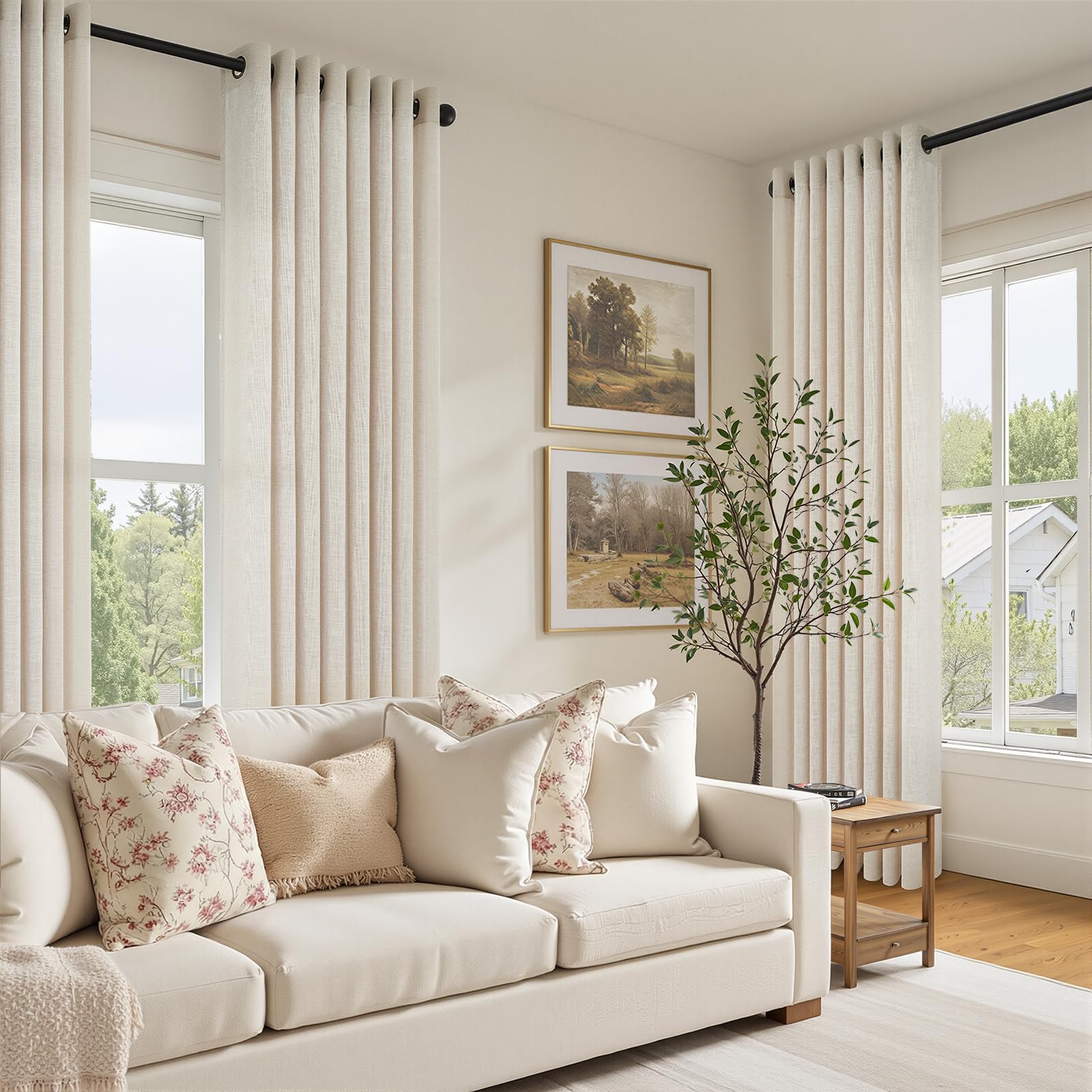 Topfinel 1er Set Leinenoptik Vorhänge Gardinen mit Ösen Halbtransparent Wohnzimmer, Beige Boho Leinen Vorhang H 240 x B 300 cm, Weich und Dünn Leinenvorhang Linen Curtains für Schlafzimmer Lounge