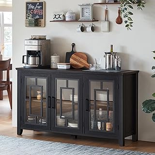 Joaxswe Large Sideboard Buffet Cabinet with Storage, 55" Farmhouse Black Kitchen Coffee Wine Bar Cabinet with 3 Glass Door...
