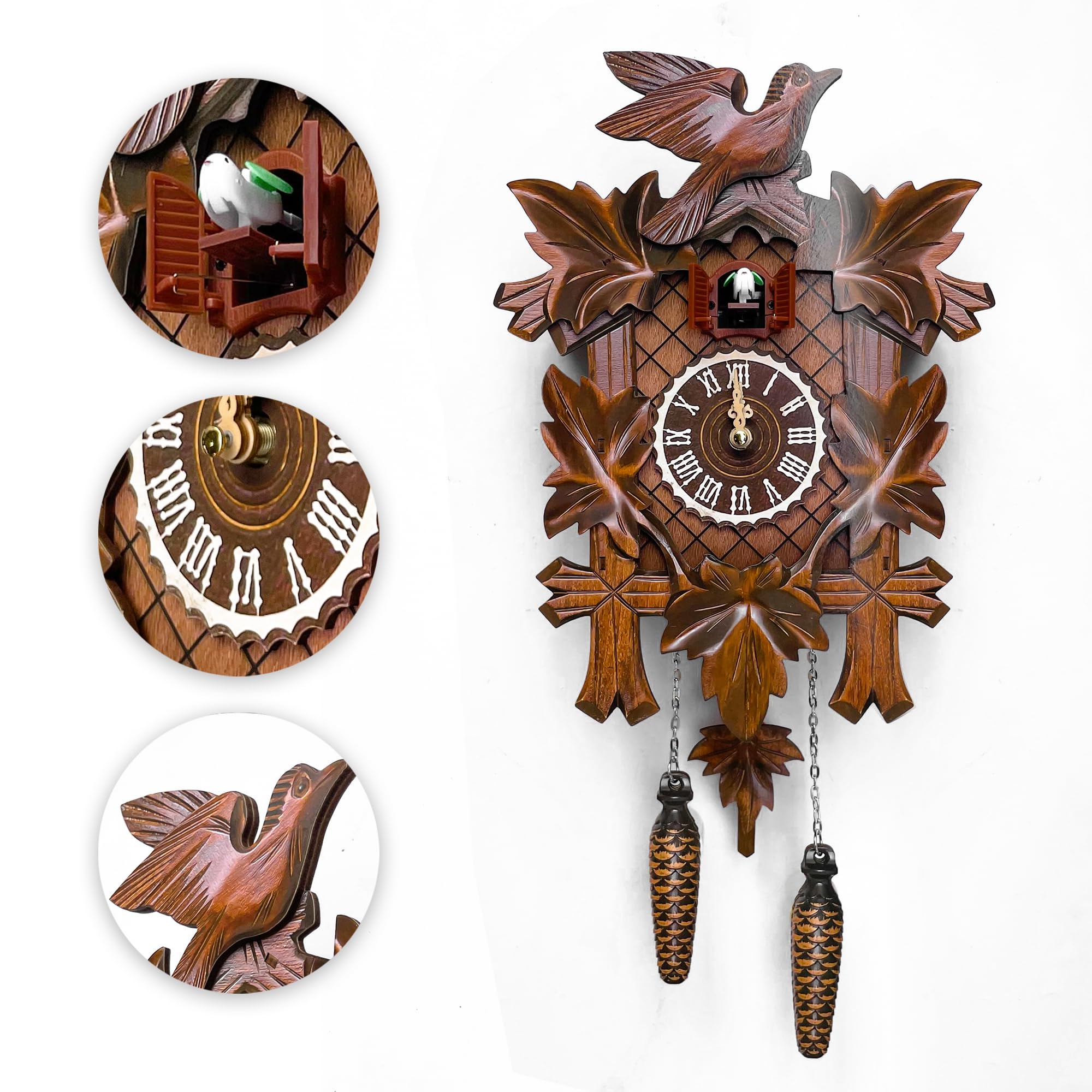 STRONGBERRY Handcrafted Cuckoo Wall Clock with Silent Movement, Pendulum & Chime Function - Classic Vintage Wooden Cuckoo Clock - 18.11 x 9.84 x 3.94 inches