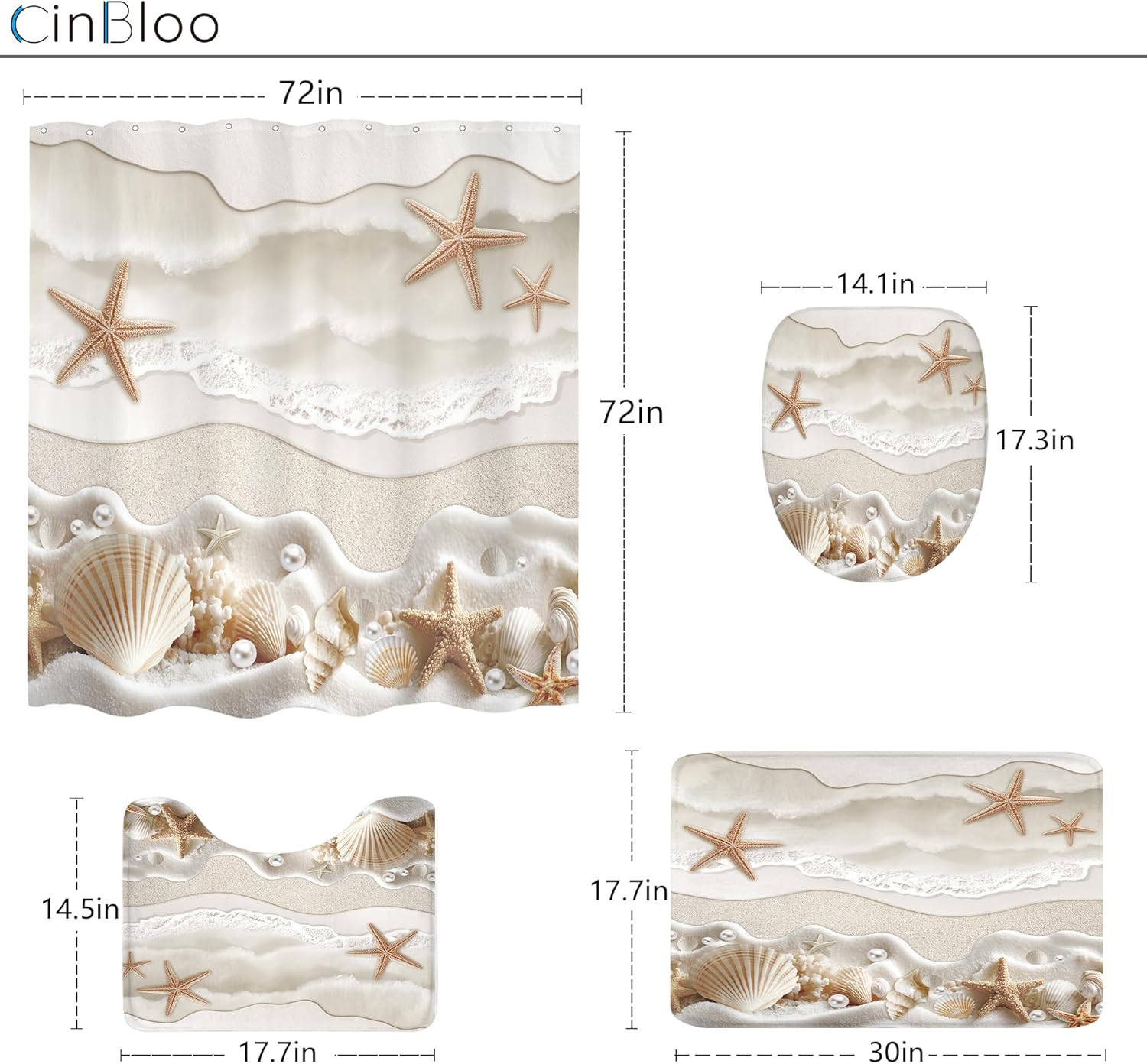 Cinbloo 4Pcs Starfish Beach Shower Curtain Set, Beige White Coastal Seashells Sea Waves Seacoast Sand Bathroom Curtain with Rug, Toilet Lid Cover, Bath Mat, Ocean Shower Curtain with 12 Hooks