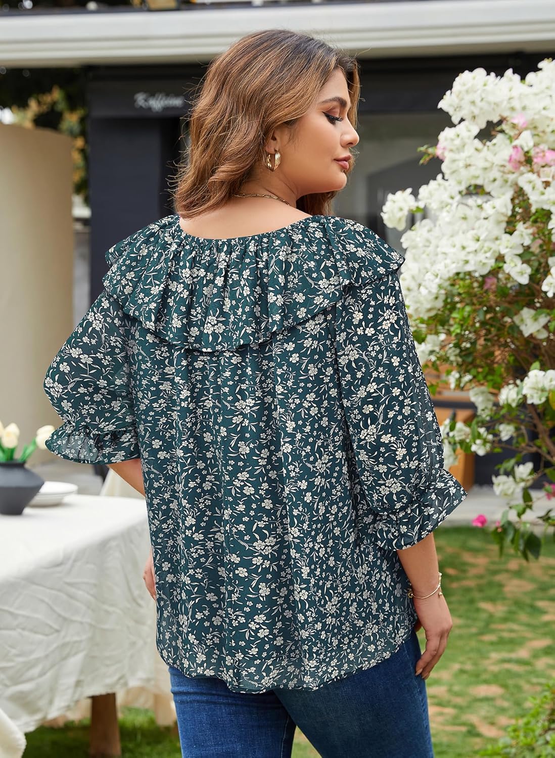 Siddhe Womens Plus Size Tops 3/4 Sleeve off the Shoulder Dressy Casual Curvy Shirts Ruffle Chiffon Blouses Crew Neck Tunic - Image 5