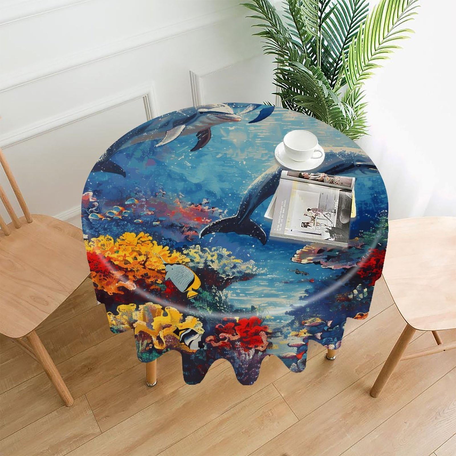 FekiLoot Seabed Coral Fish Dolphins Round Tablecloth Cover 60 Inch Wrinkle Free Washable Polyester Fabric Table Cover Decorative Round Table Cloth for Home Dining Kitchen Party Farmhouse