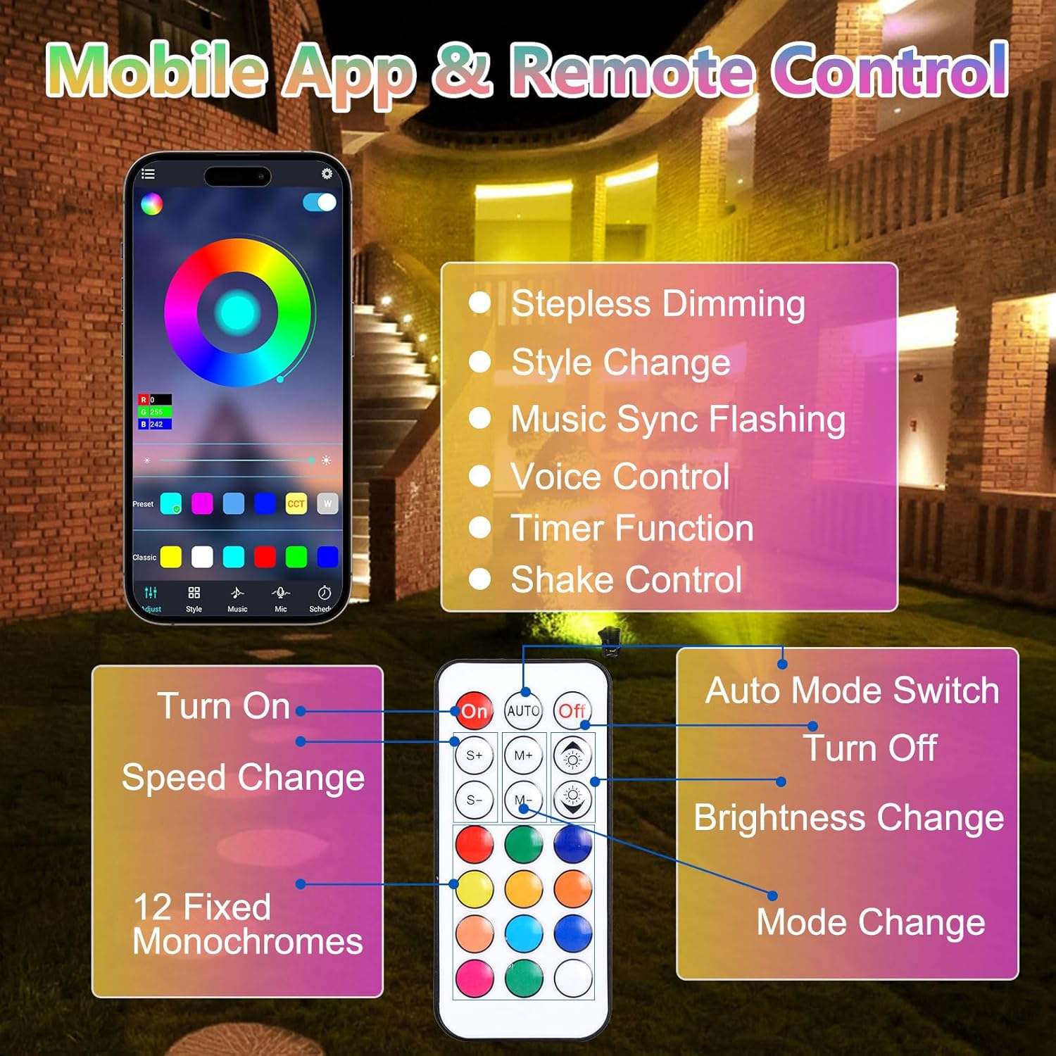 ASTRAEA RGB Outdoor LED Spot Lights, 12W Color Changing Landscape Spotlights Lighting with Remote Control & APP, Music Sync & Timer, Waterproof Spotlights Uplighting for Yard Garden Pathway, 4 Pack