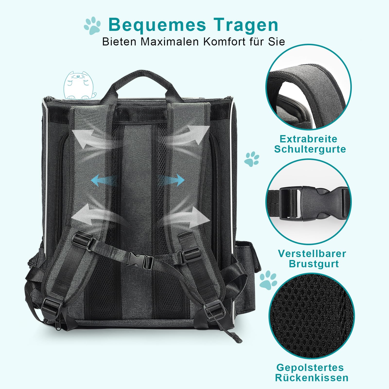 Morpilot Katzenrucksack Große Katzen, Erweiterbar Hunderucksack bis 8 kg Katzen Rucksack Groß für Kleine Hunde Faltbare mit Innerer Sicherheitsleine und Haustiermatte 35x29x42cm, Dunkelgrau