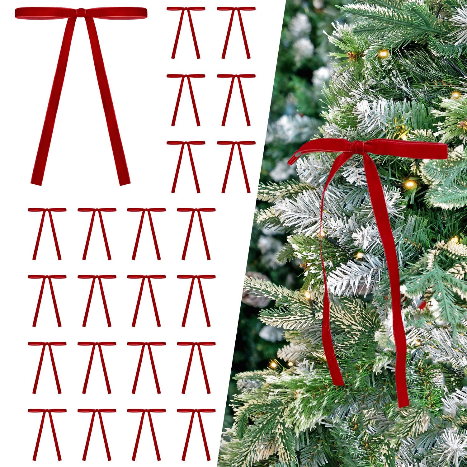 24 Pcs Red Velvet Bows Ornaments for Christmas Tree, Vintage Rustic Elegant Velvet Christmas Bows Tree Decorations, Indoor Home Decor for Wreath Mantle Gift Wrap Holiday Decor, 3/8'' W, 5 * 7 inch