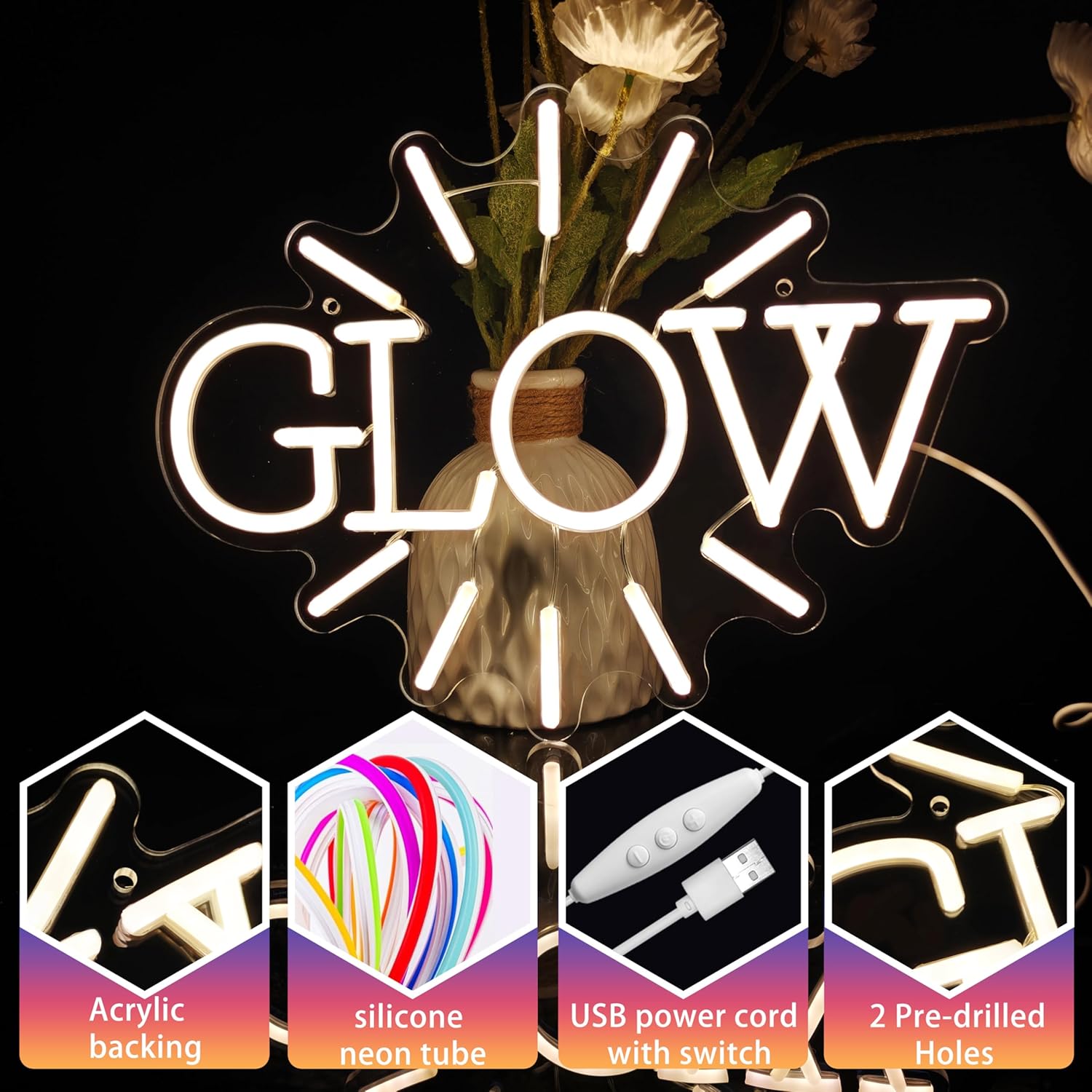 GLOW Sunburst Silhouette Warm White LED Neon Sign for Wall Art for Bedroom, College Dorm, Beauty Vanity & Studio, Minimalist Room Decor, 13.4" x 10.2" Dimmable USB Powered