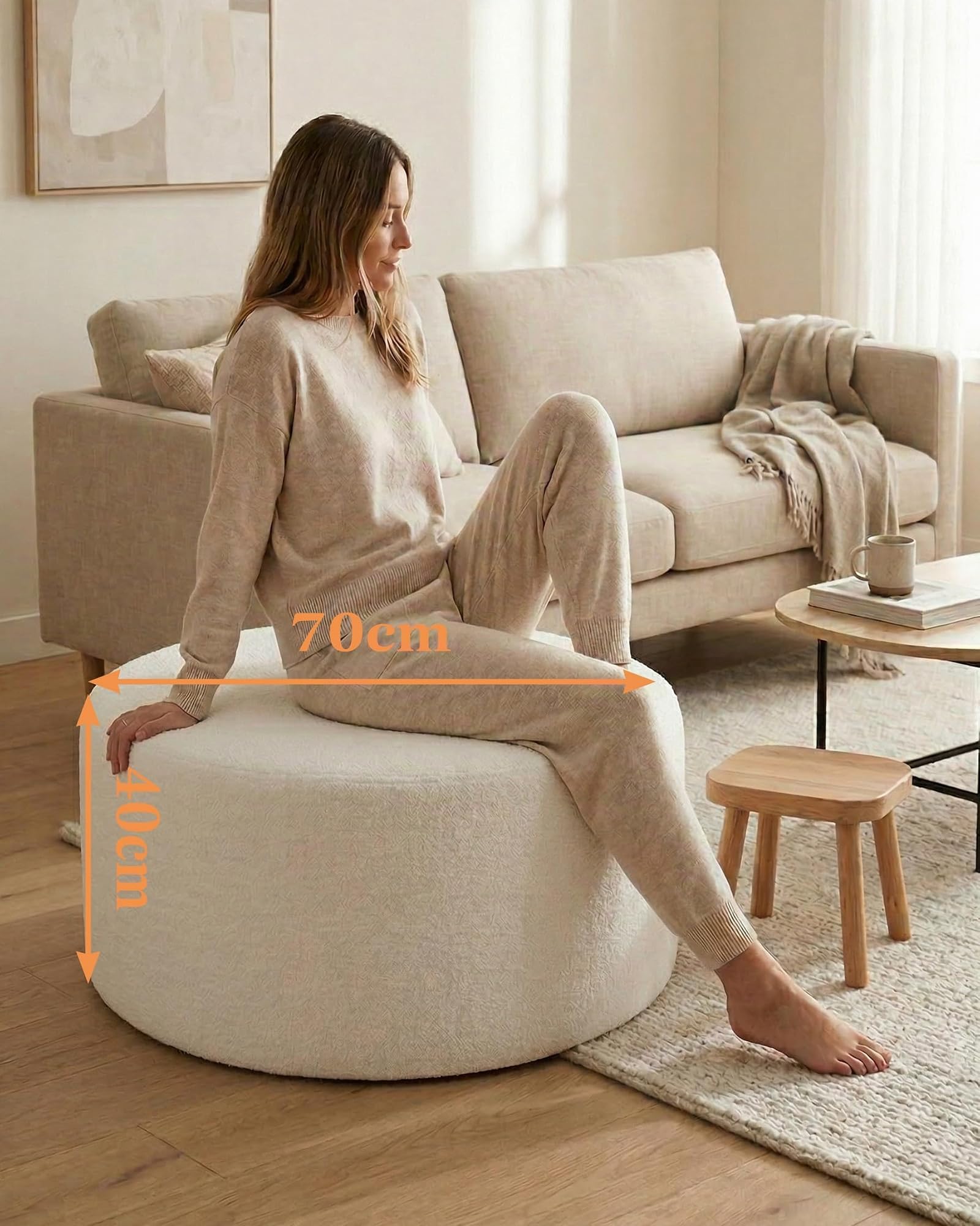 Puff - Puff redondo de 70 cm, color beige, reposapiés suave de tela Teddy, asiento cómodo para sofá, sillón y dormitorio, 70 x 70 x 40 cm
