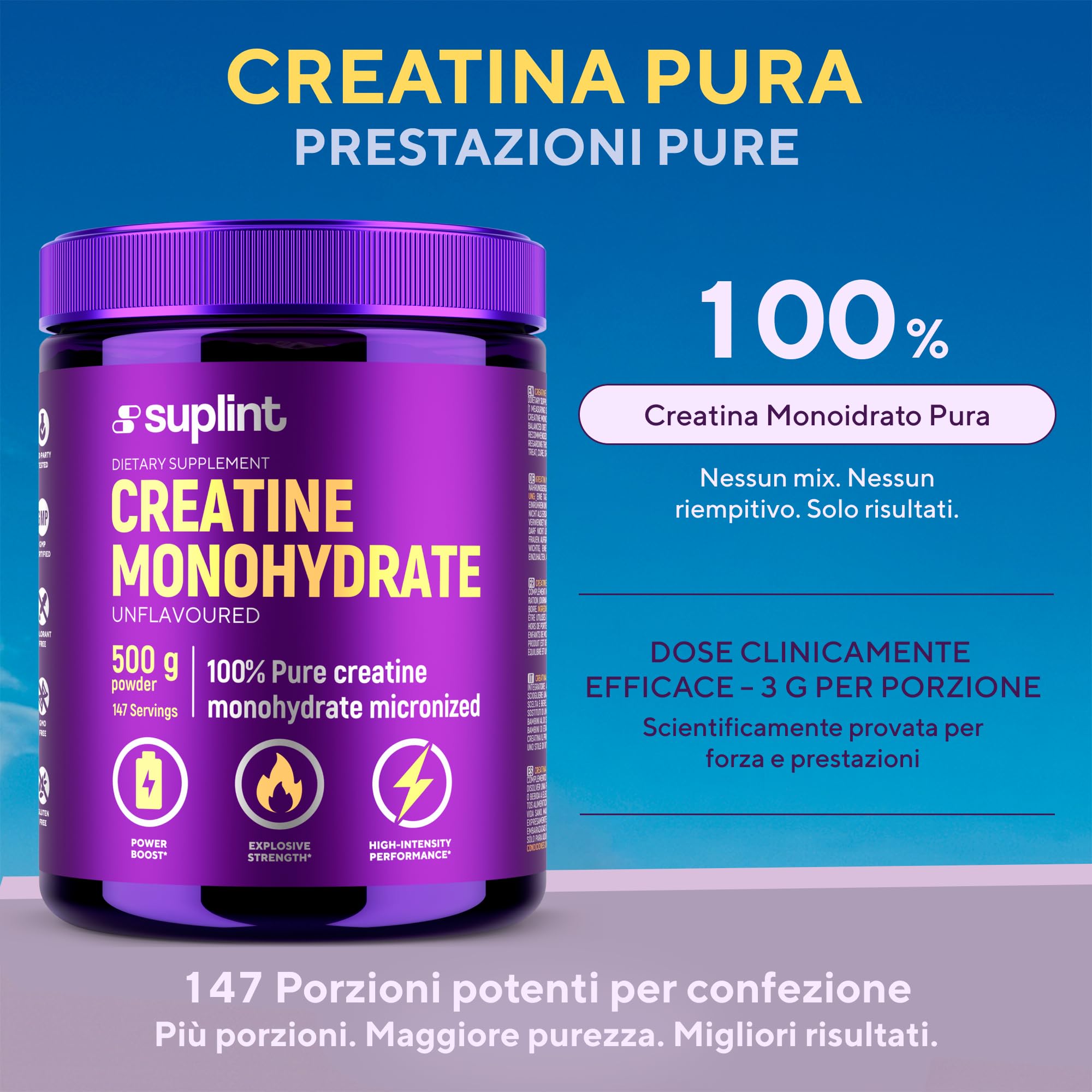 Polvere di Creatina Monoidrata 500 g – 147 Porzioni – 100 % Creatina Monoidrato Pura – Qualità Micronizzata – Vegano, Senza OGM – Integratore Sportivo per Forza, Muscoli & Recupero