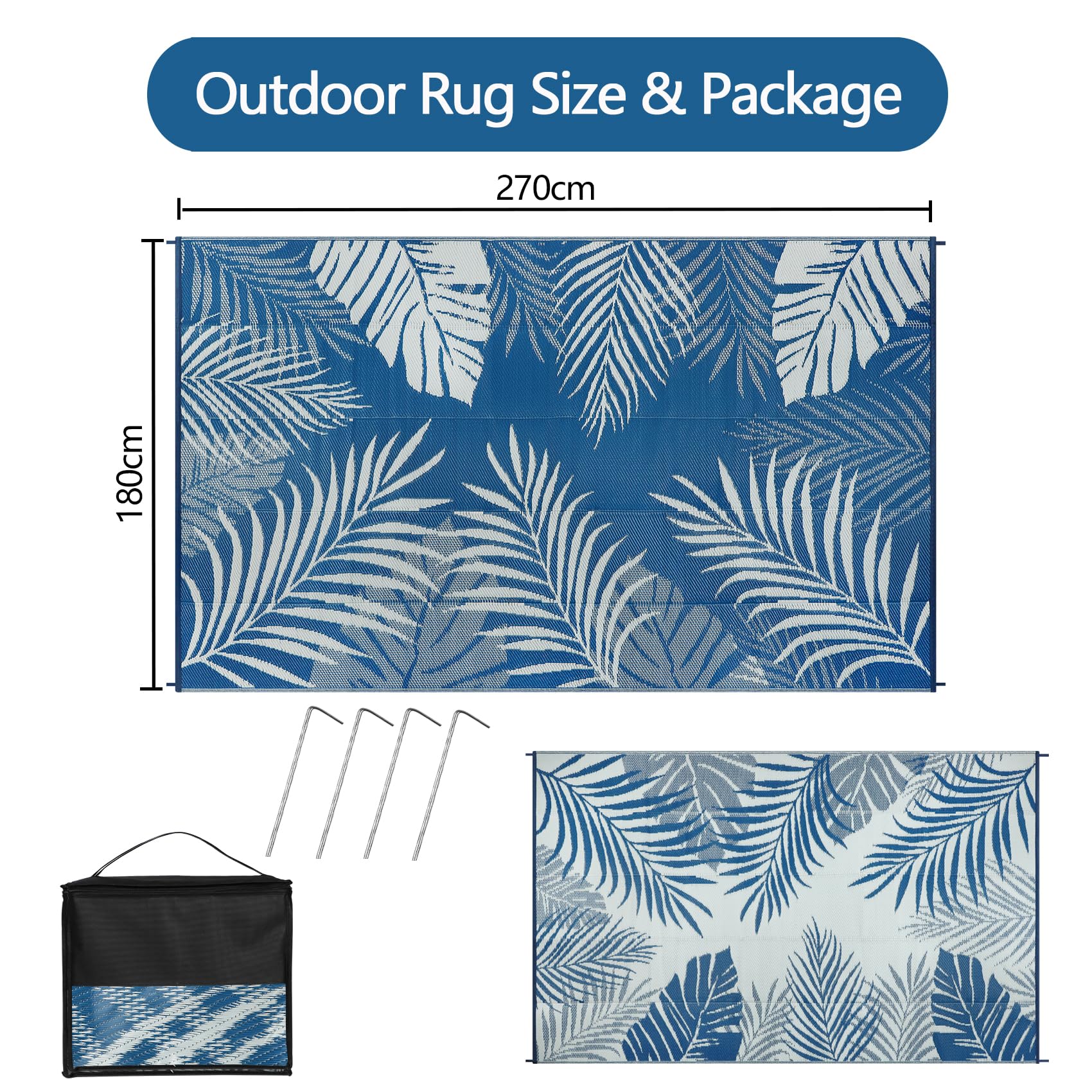 Cekene Tapis d'extérieur imperméable réversible bleu de 1,8 x 2,7 m, tapis de paille en plastique léger avec sac de transport, tapis de camping portable pour camping-car, tapis d'extérieur moderne