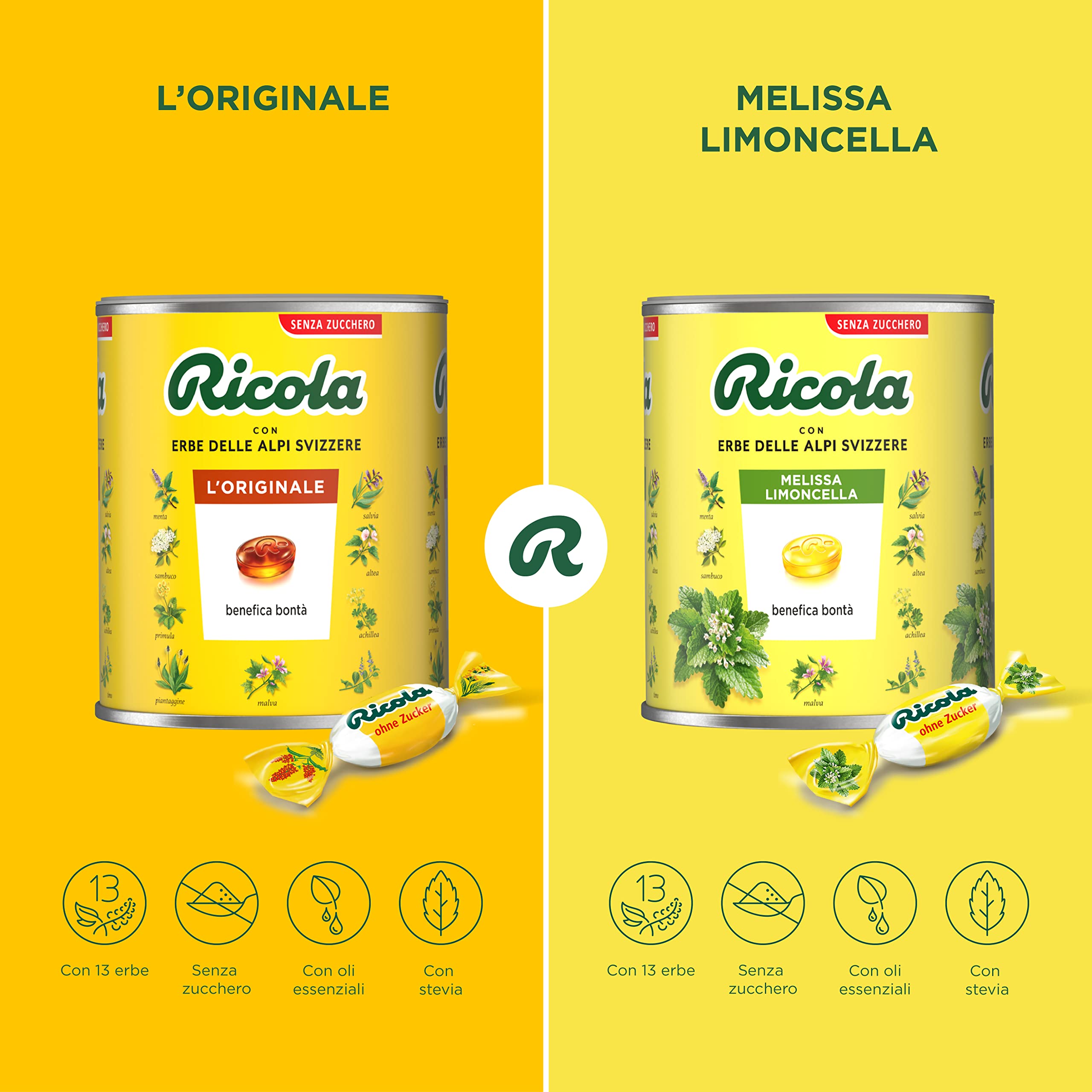 Ricola - 2 Gläser Schweizer Bonbons 1 kg mit Zitronenmelisse Geschmack und Original, zuckerfrei mit Stevia-Extrakt, glutenfrei und laktosefrei
