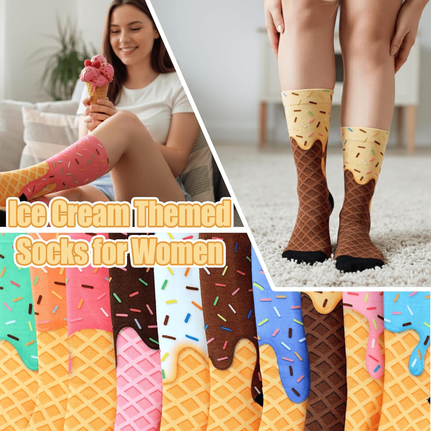 Ice Cream Print Socks for Women Men Funny Novelty Crew Socks Cute Foodie Gift Idea - Image 4