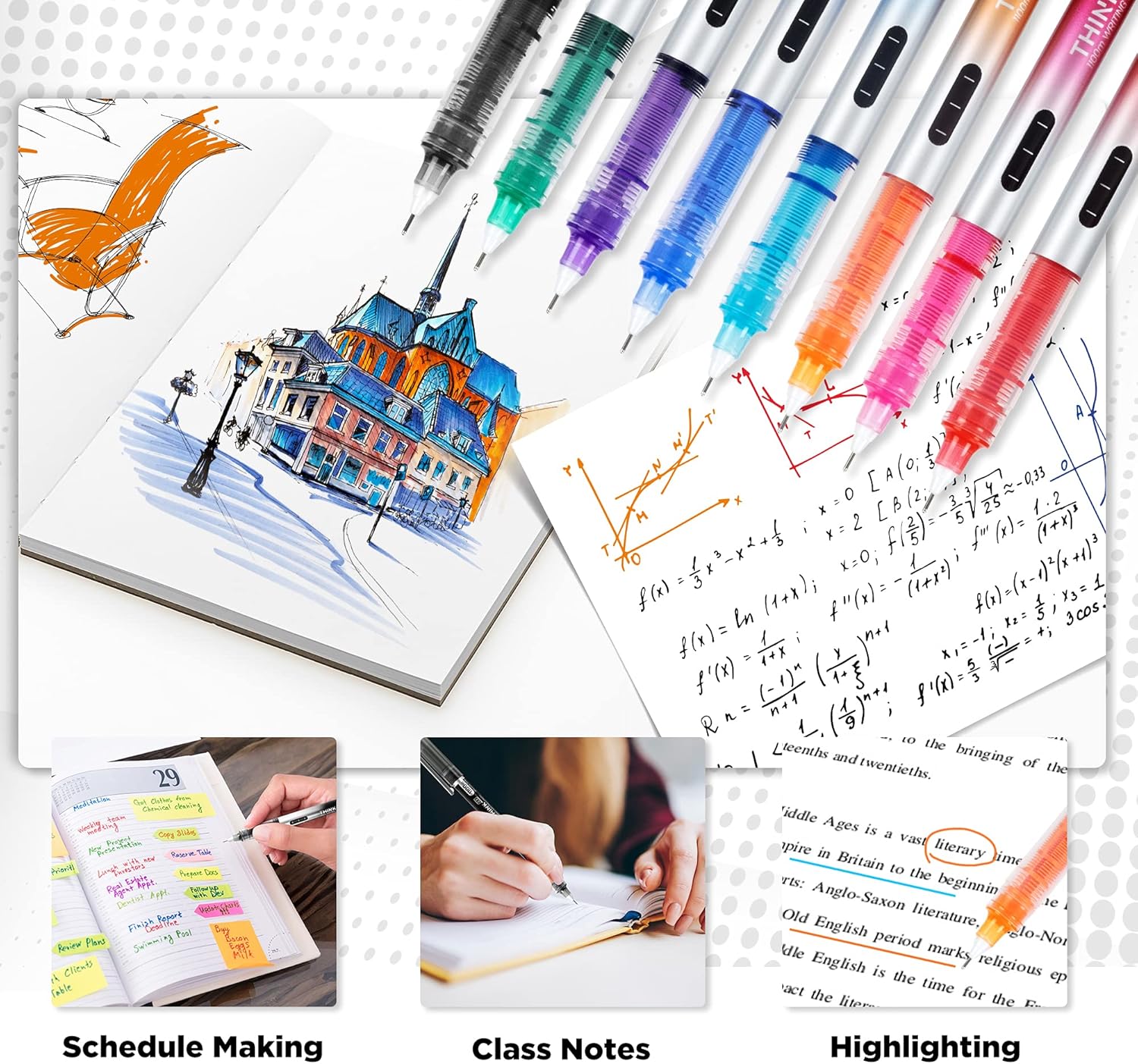 Deli 8 Pieces Rolling Ball Pens, Quick-Drying Ink 0.5 mm Extra Fine Point Pens Liquid Ink Pen Rollerball Pens Multicolor : Office Products