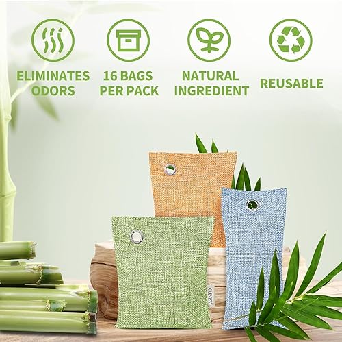Vista 42 de CLEVAST - Bolsas purificadoras de aire de carbón de bambú (4 x 7.05 oz), eliminan olores y humedad, bolsas purificadoras de aire fresco natural