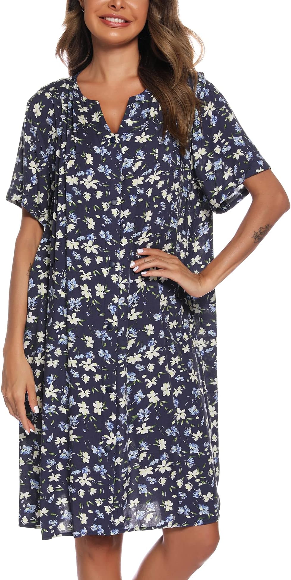 YOZLYHouse Dress Women Cotton Duster Robe Short Sleeve Housecoat Button Down Nightgown
