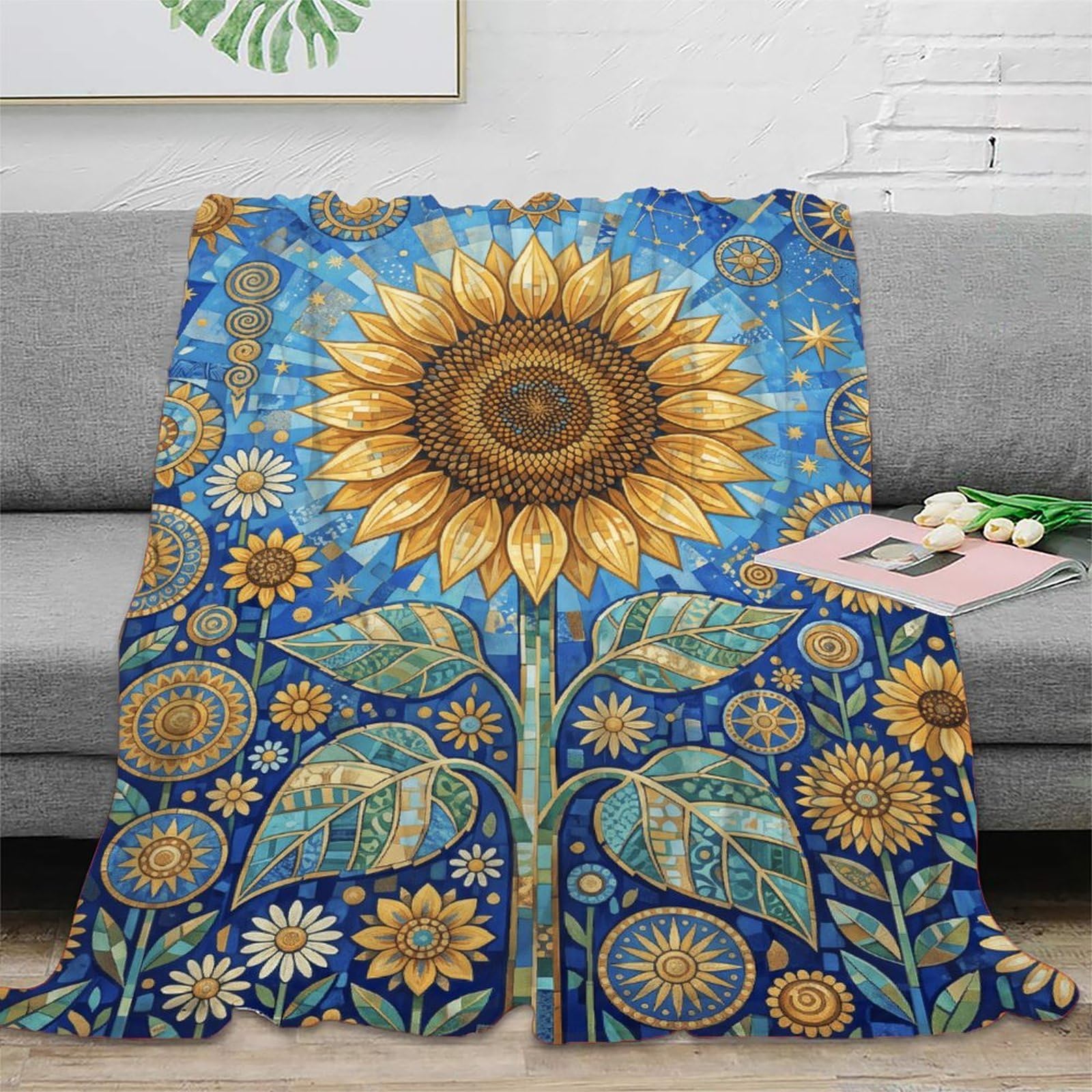 H3B8U2Y5 Celestial Mosaic Sunflower Blanket, Flannel, TV, Natural Plant Art
