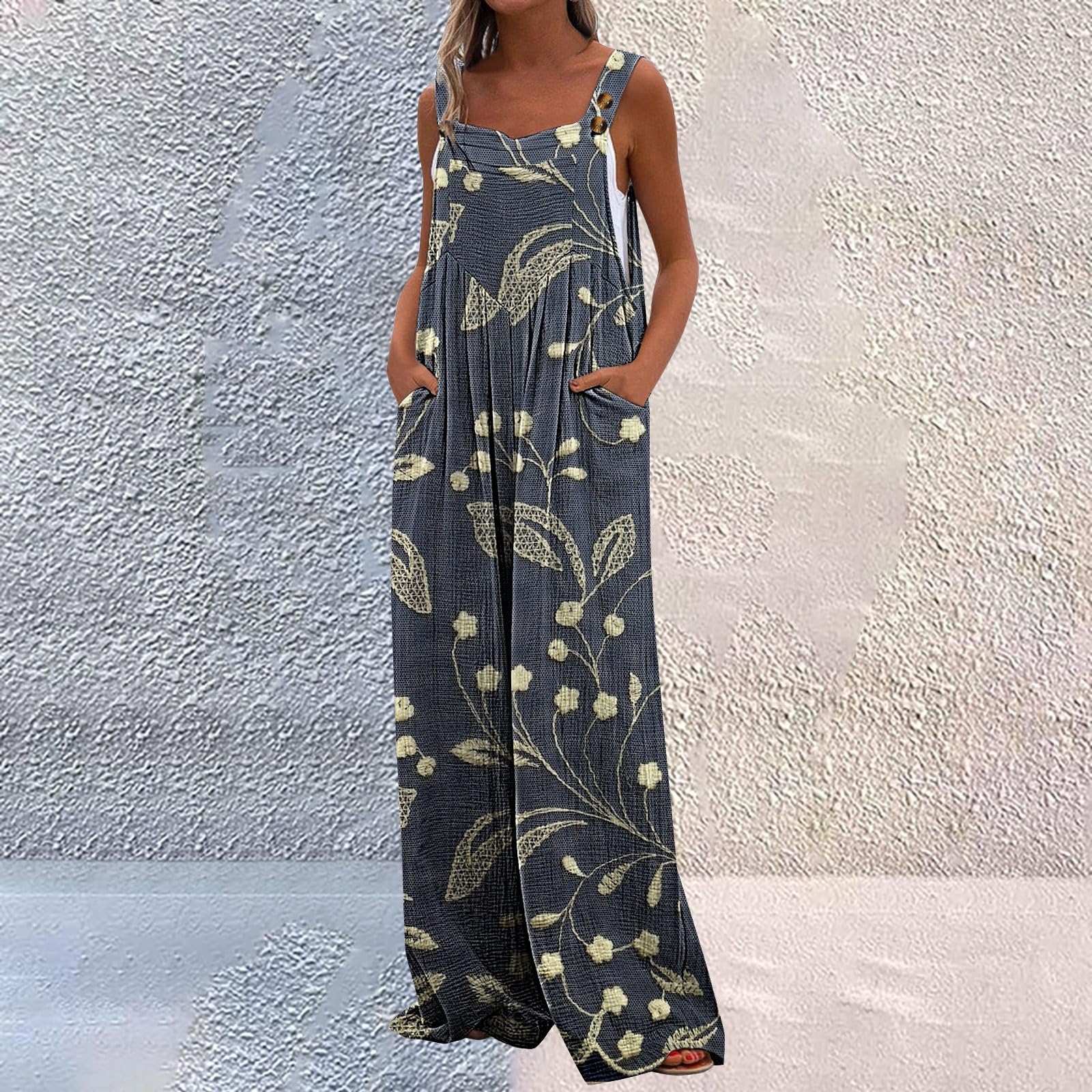 Salopette estive da donna, leggera, vintage, boho, con tasche | Pagliaccetto a gamba larga, con stampa floreale, stile casual, senza maniche, per vacanze e tempo libero