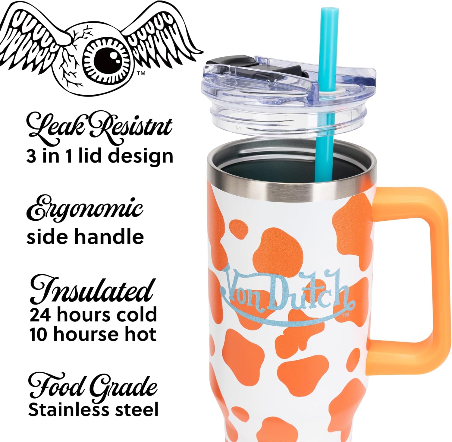 Von Dutch Orange Cow 40oz Double Walled Insulated Food Grade Stainless Steel Tumbler, BPA Free - 24 Hours Cold / 10 Hours Hot