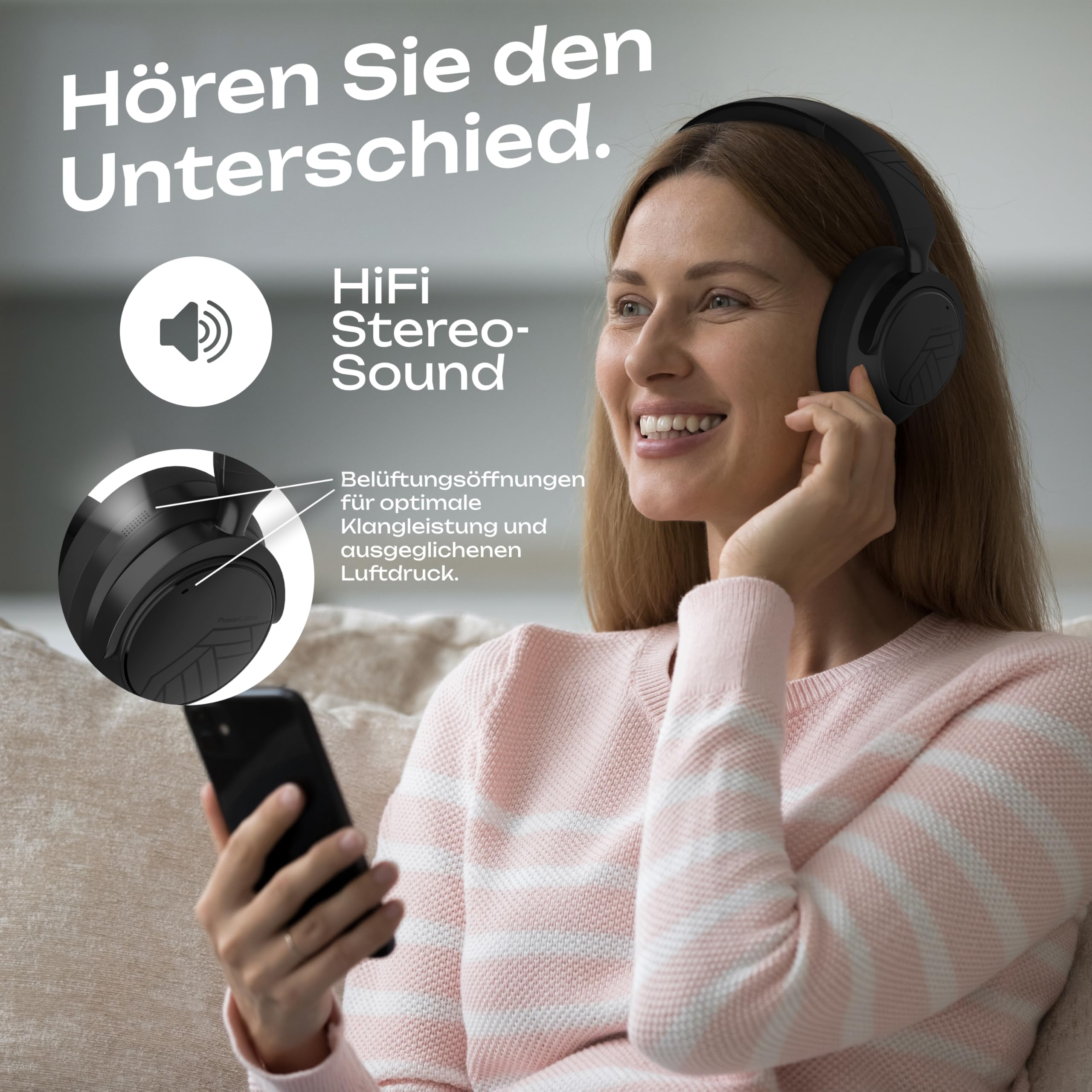 PowerLocus Over-Ear Kopfhörer Kabellos Bluetooth, Hybrid Active Noise Cancelling Kopfhörer, 70+ std. Akku, Hi-Fi Stereo Klang, Faltbar, MultiPoint, Mikrofon, Mit Hartschalen-Tasche (Schwarz)